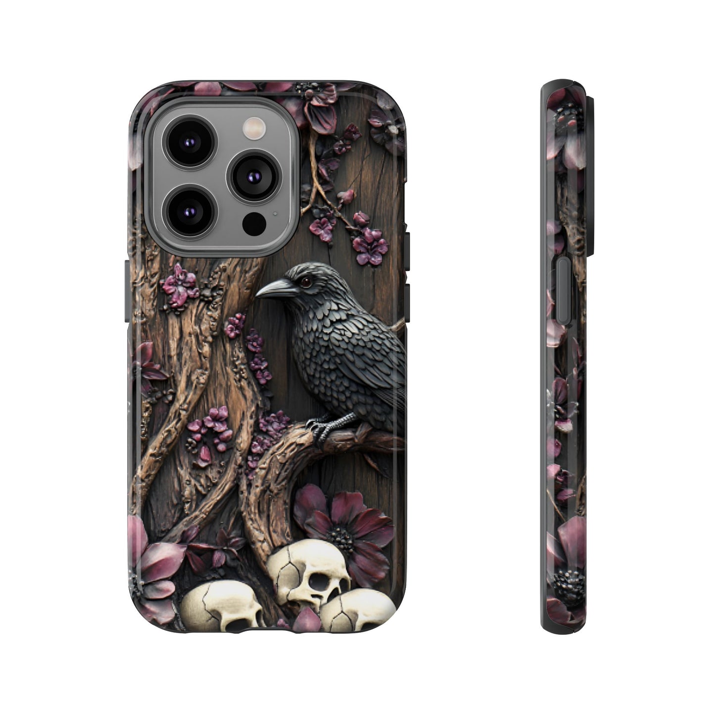 Raven and Skulls Phone Case - Gothic Faux Wood Phone Cases - iPhone 16 15 14 13 12 11, Samsung Galaxy & Google Pixel Phone Covers