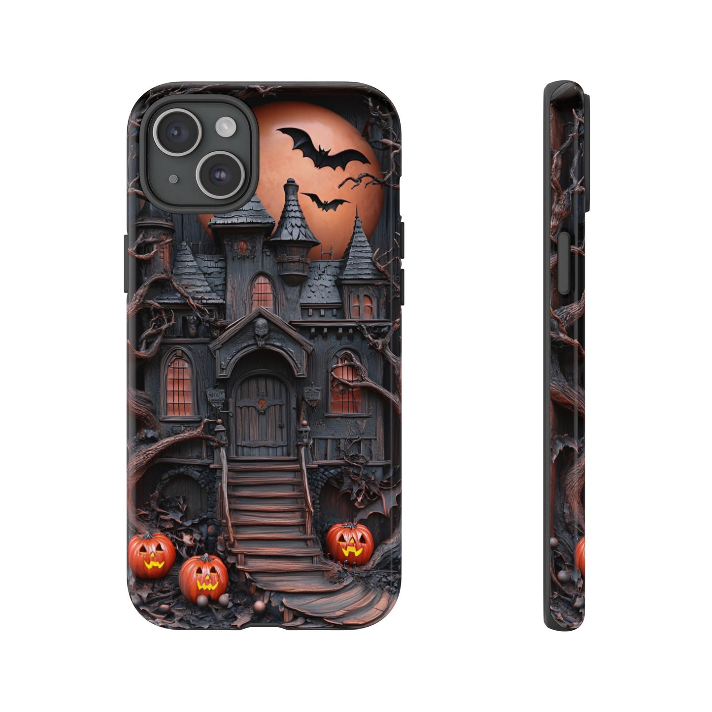 Carved Wood Haunted House Phone Case - Faux Wood Spooky Halloween Phone Cases - iPhone 16 15 14 13 12 11, Samsung Galaxy & Google Pixel Phone Covers