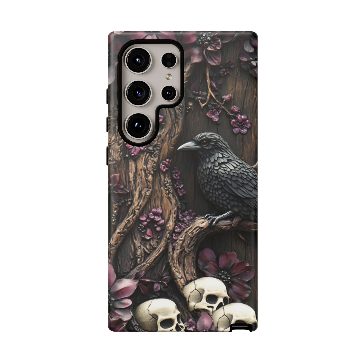 Raven and Skulls Phone Case - Gothic Faux Wood Phone Cases - iPhone 16 15 14 13 12 11, Samsung Galaxy & Google Pixel Phone Covers