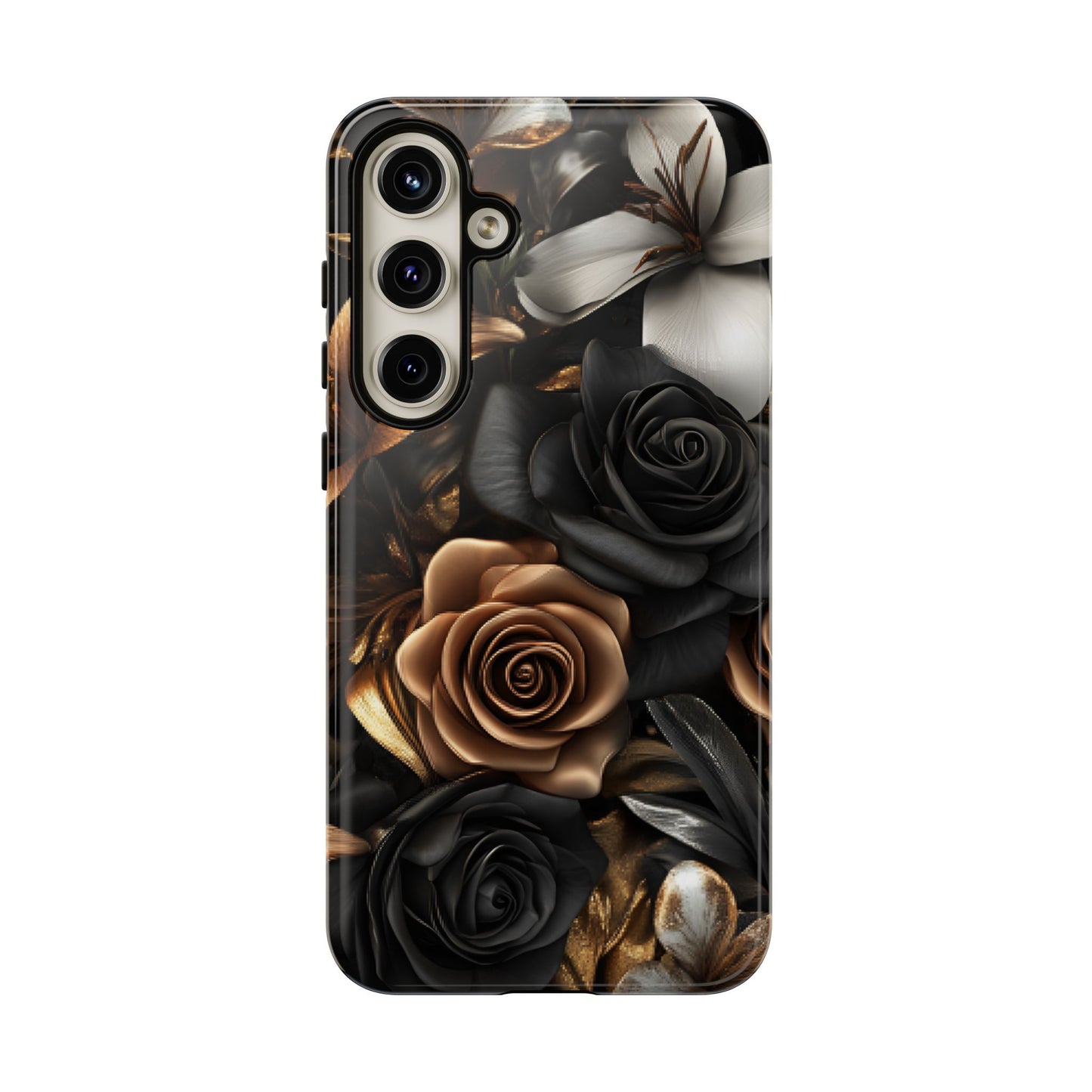 Floral Phone Case - Black and Gold Roses - iPhone 16 15 14 13 12 11, Samsung Galaxy & Google Pixel Phone Covers