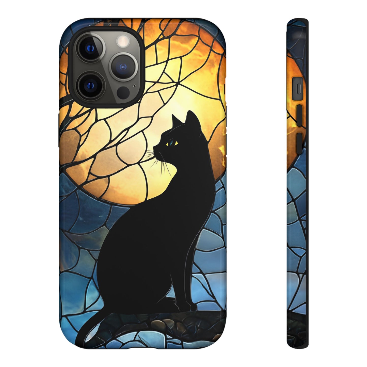 Black Cat and Moon Stained Glass Phone Case - Celestial Cat Lover Phone Cases for iPhone 16 15 14 13 12 11, Samsung Galaxy & Google Pixel