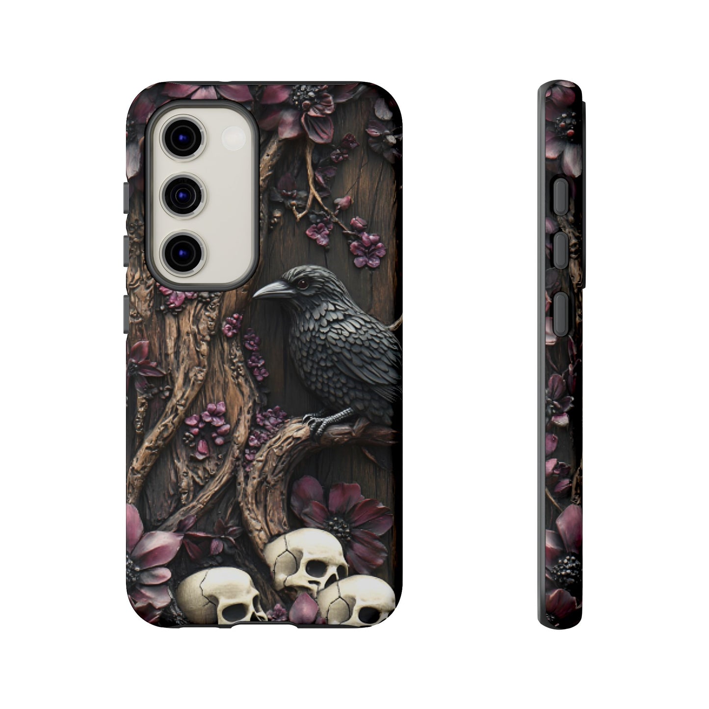 Raven and Skulls Phone Case - Gothic Faux Wood Phone Cases - iPhone 16 15 14 13 12 11, Samsung Galaxy & Google Pixel Phone Covers