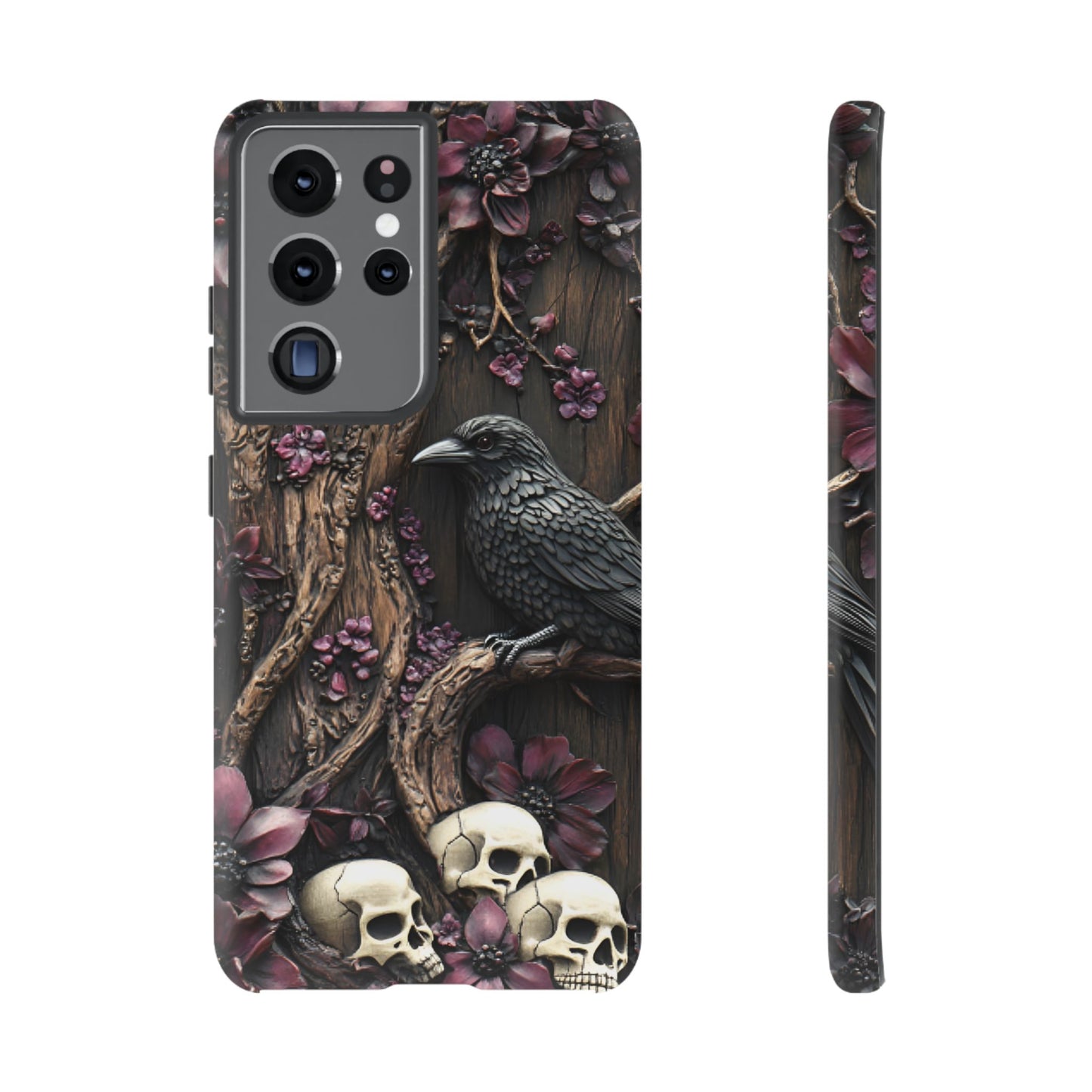 Raven and Skulls Phone Case - Gothic Faux Wood Phone Cases - iPhone 16 15 14 13 12 11, Samsung Galaxy & Google Pixel Phone Covers