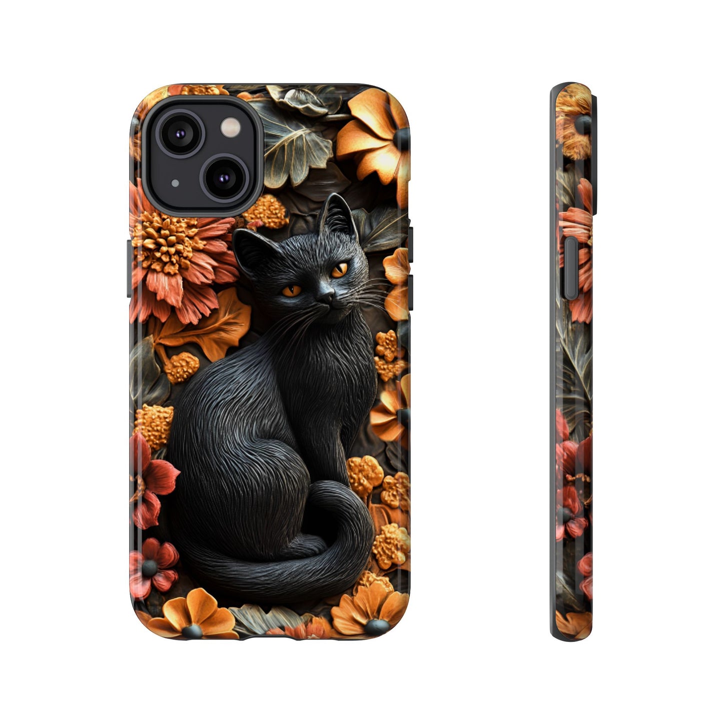 Black Cat Floral Fall Phone Case - Carved Clay Effect Cat Lover Phone Cases for iPhone 16 15 14 13 12 11, Samsung Galaxy & Google Pixel