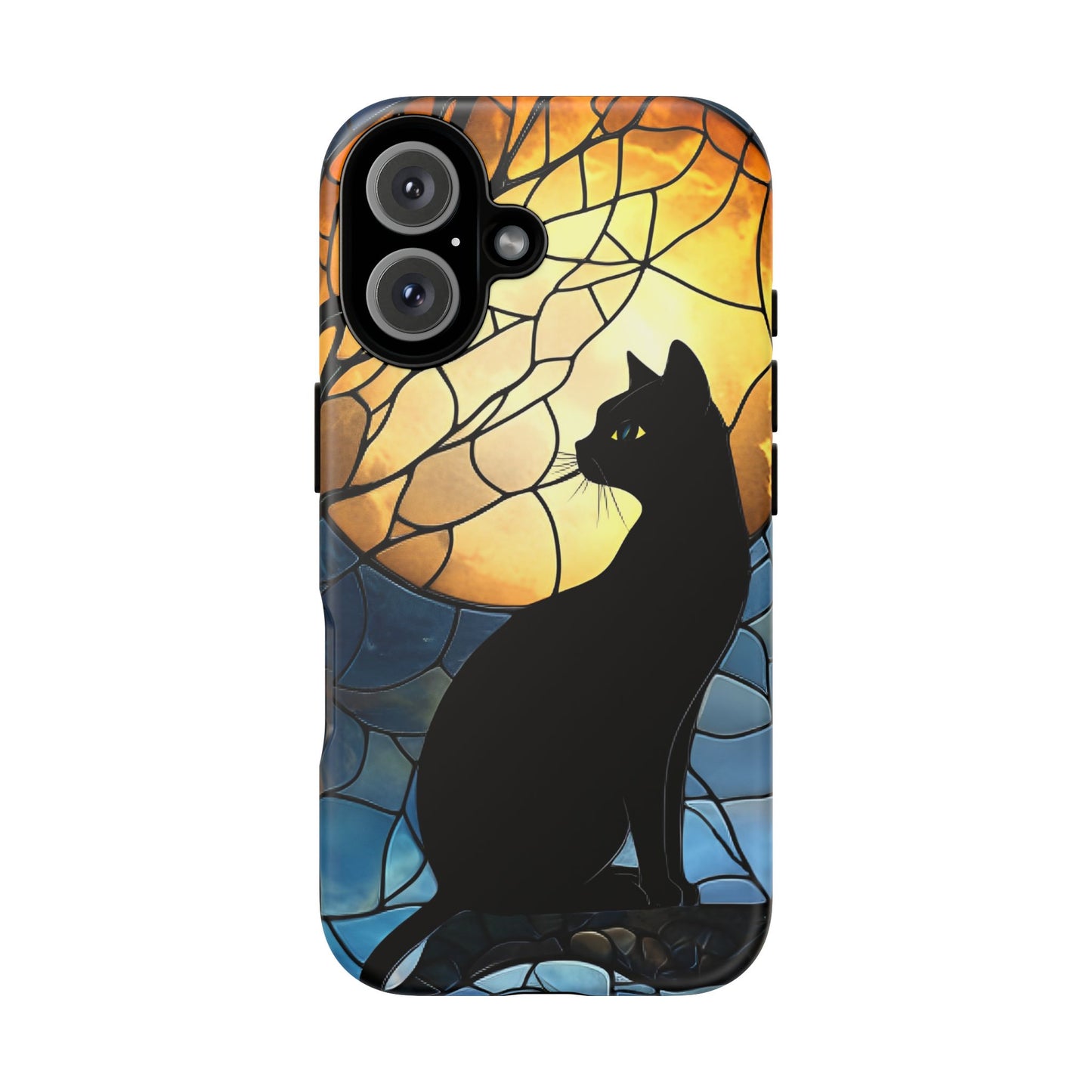 Black Cat and Moon Stained Glass Phone Case - Celestial Cat Lover Phone Cases for iPhone 16 15 14 13 12 11, Samsung Galaxy & Google Pixel