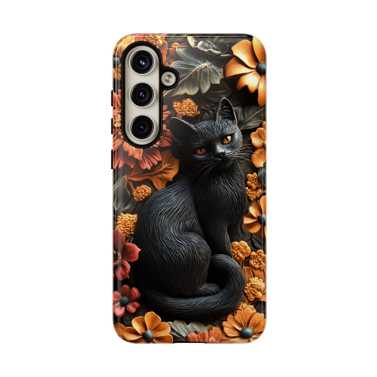 Black Cat Floral Fall Phone Case - Carved Clay Effect Cat Lover Phone Cases - iPhone 16 15 14 13 12 11, Samsung Galaxy & Google Pixel Phone Covers