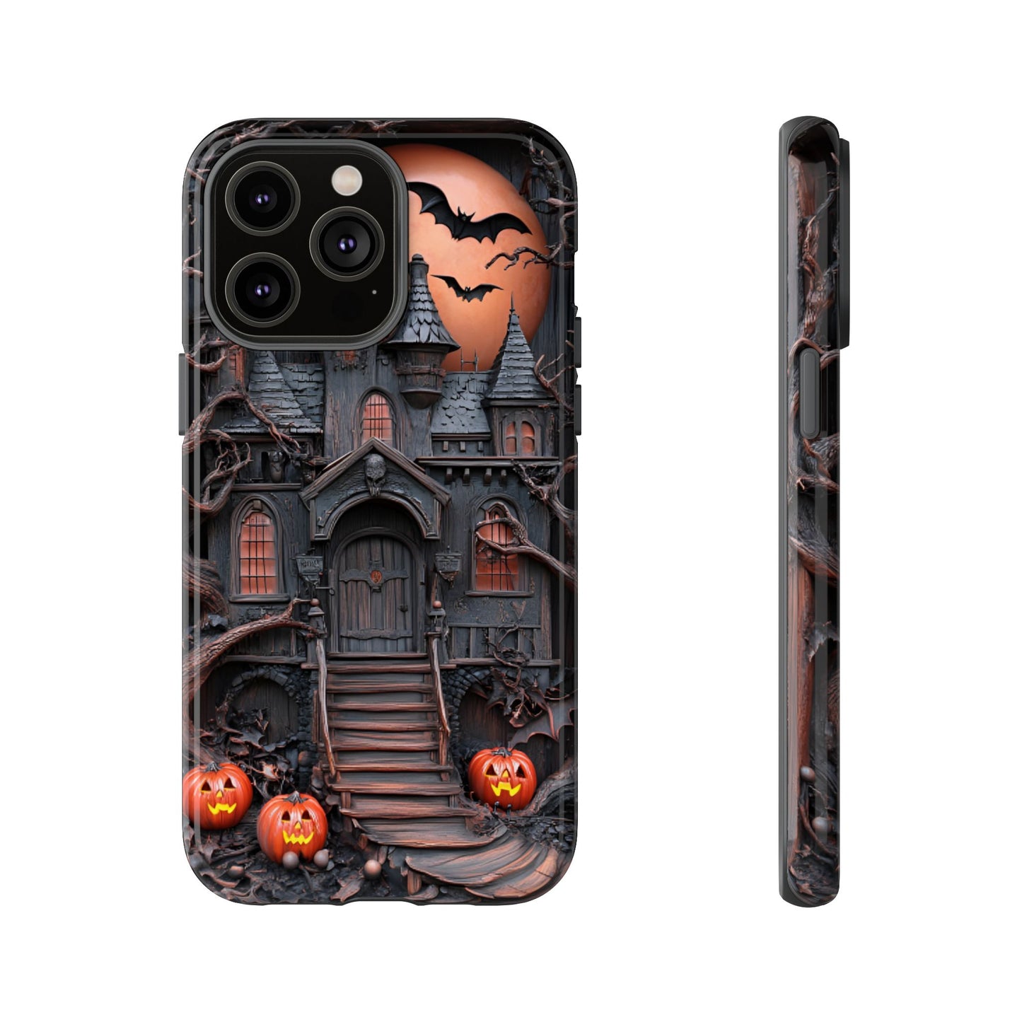 Carved Wood Haunted House Phone Case - Faux Wood Spooky Halloween Phone Cases for iPhone 16 15 14 13 12 11, Samsung Galaxy & Google Pixel