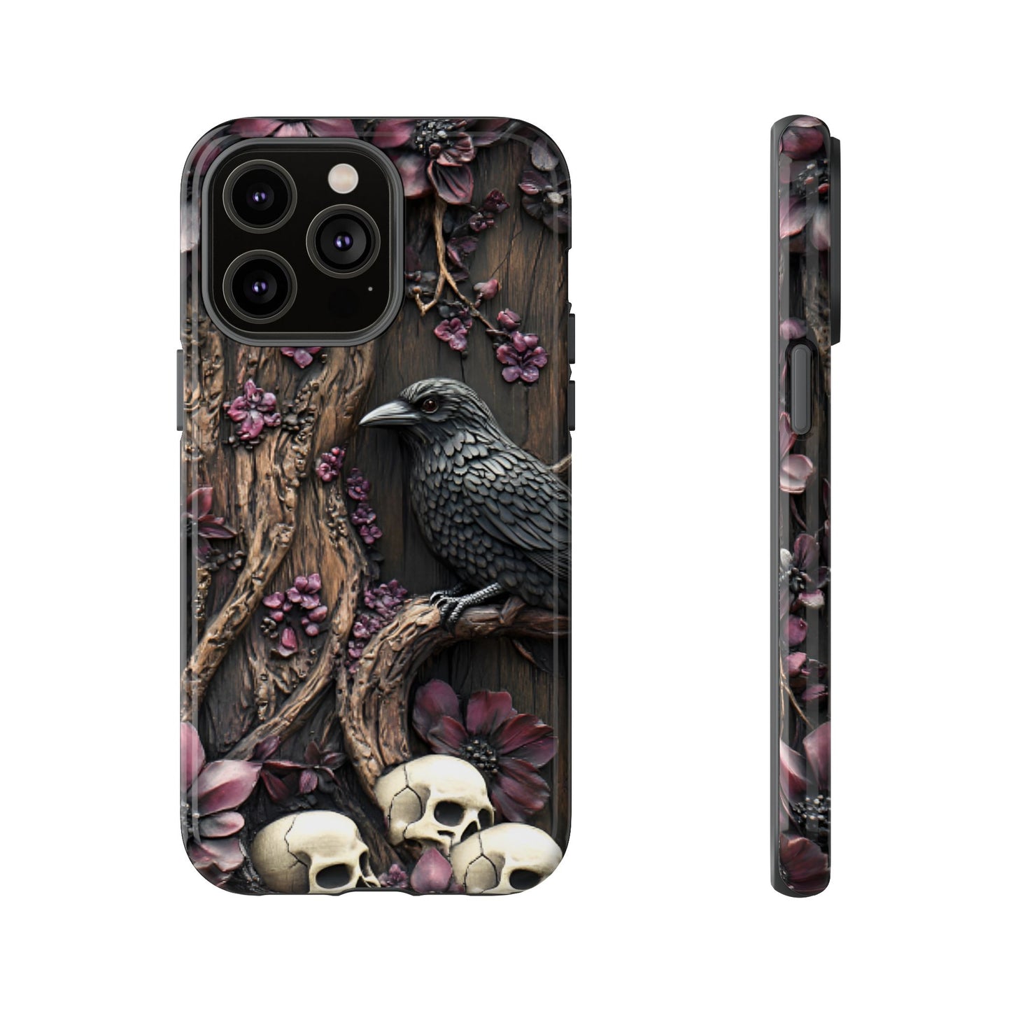 Raven and Skulls Phone Case - Gothic Faux Wood Phone Cases - iPhone 16 15 14 13 12 11, Samsung Galaxy & Google Pixel Phone Covers