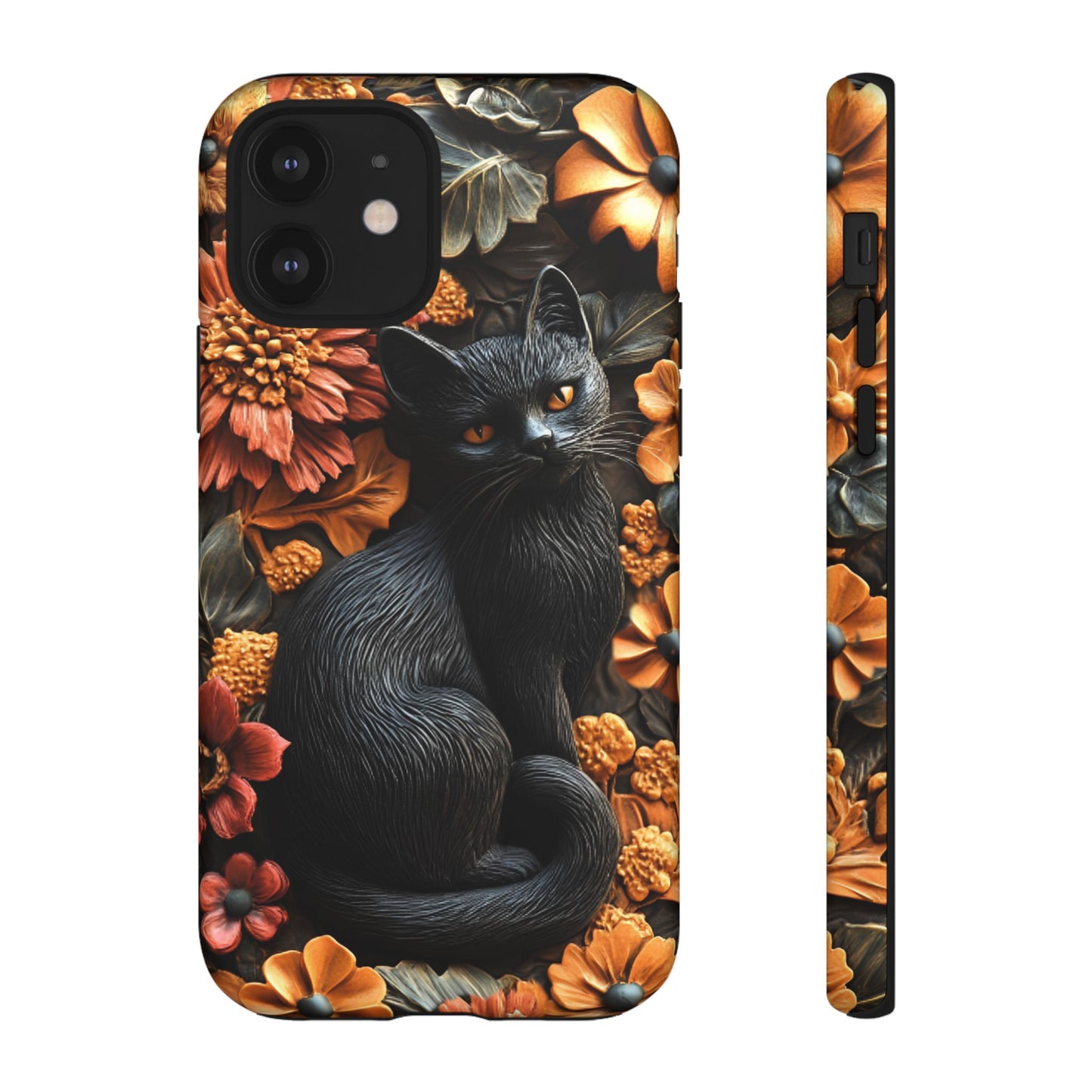 Black Cat Floral Fall Phone Case - Carved Clay Effect Cat Lover Phone Cases for iPhone 16 15 14 13 12 11, Samsung Galaxy & Google Pixel