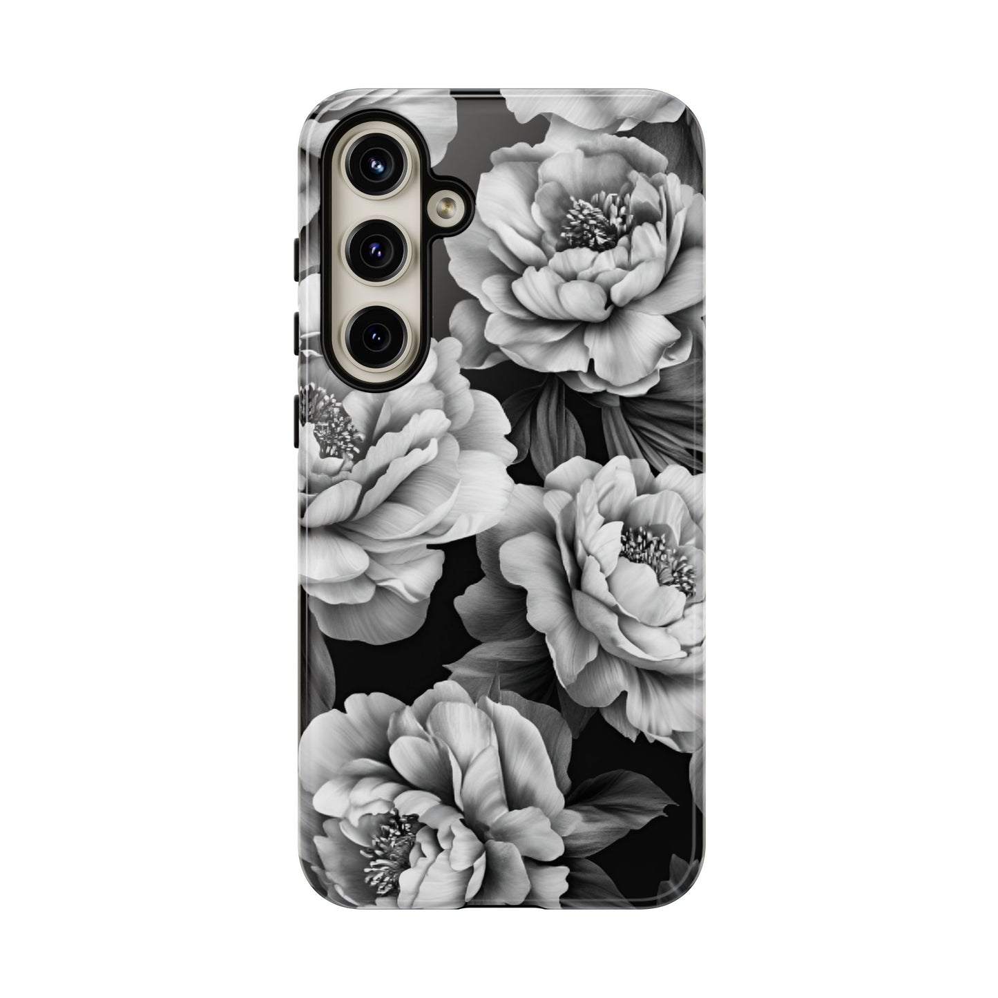 Black and White Peony Flower Phone Case - Aesthetic Dark Floral Phone Cases for iPhone 16 15 14 13 12 11, Samsung Galaxy & Google Pixel