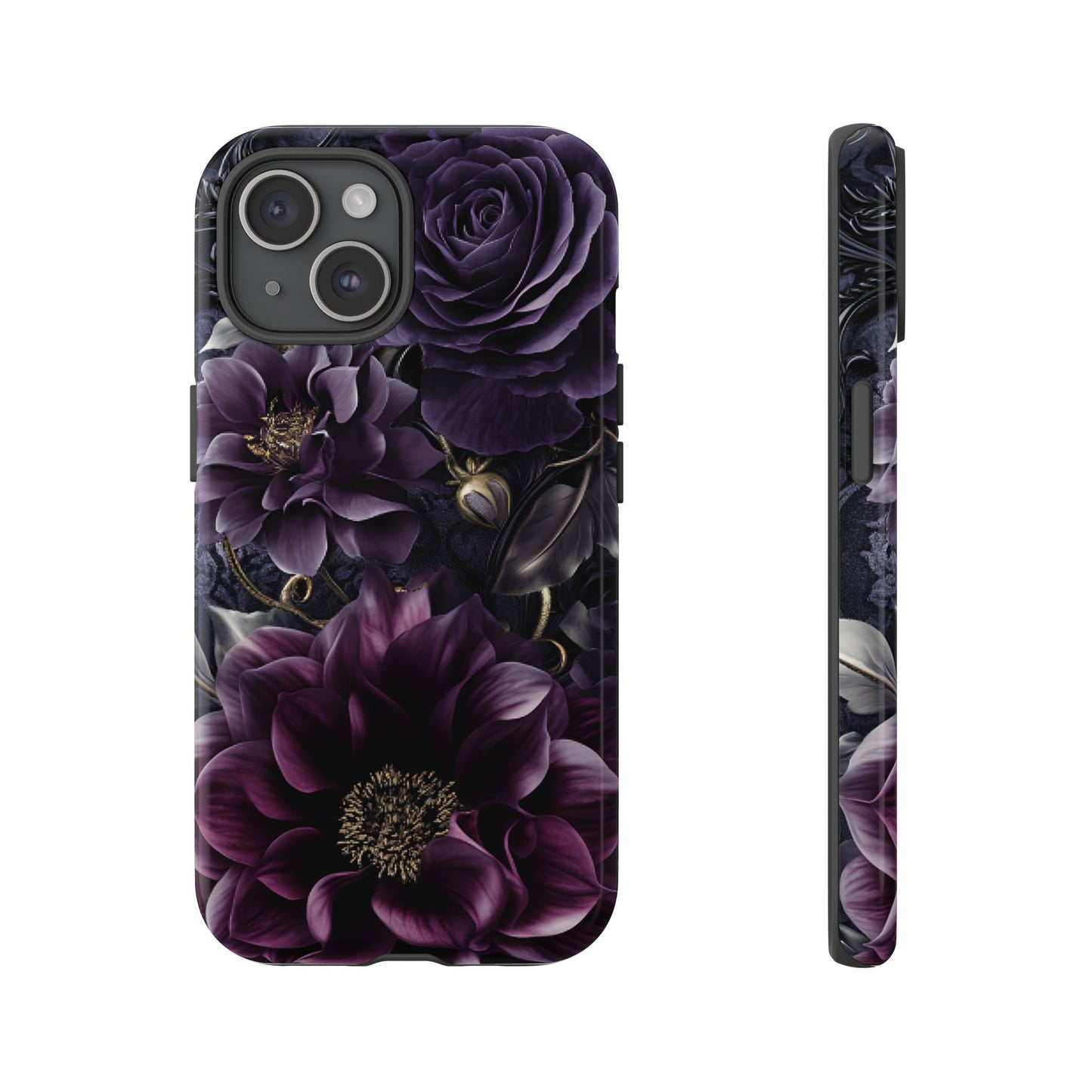 Gothic Dark Floral Phone Case - Aesthetic Purple and Gold Flowers - iPhone 16 15 14 13 12 11, Samsung Galaxy & Google Pixel Phone Covers