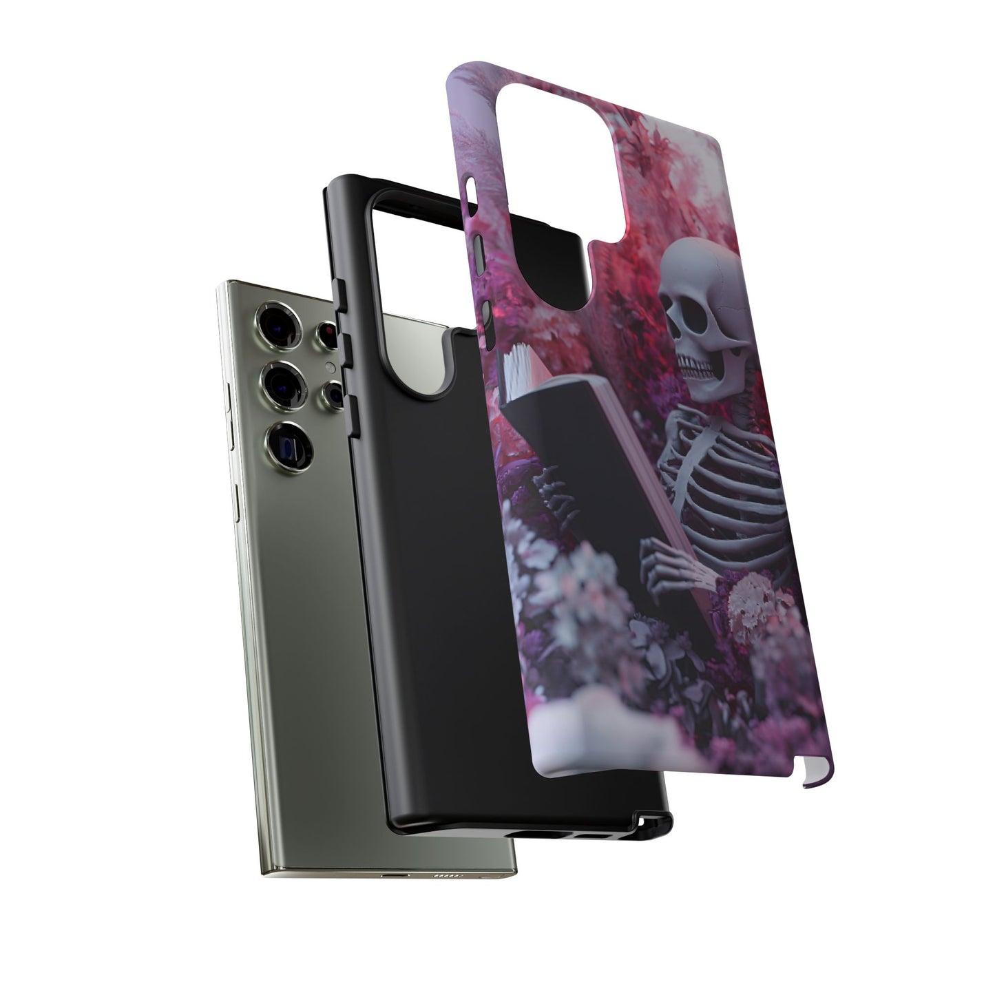 Bookish Skeleton Phone Case - Spooky Floral Halloween Phone Cases - Phone 16 15 14 13 12 11, Samsung Galaxy & Google Pixel Phone Covers