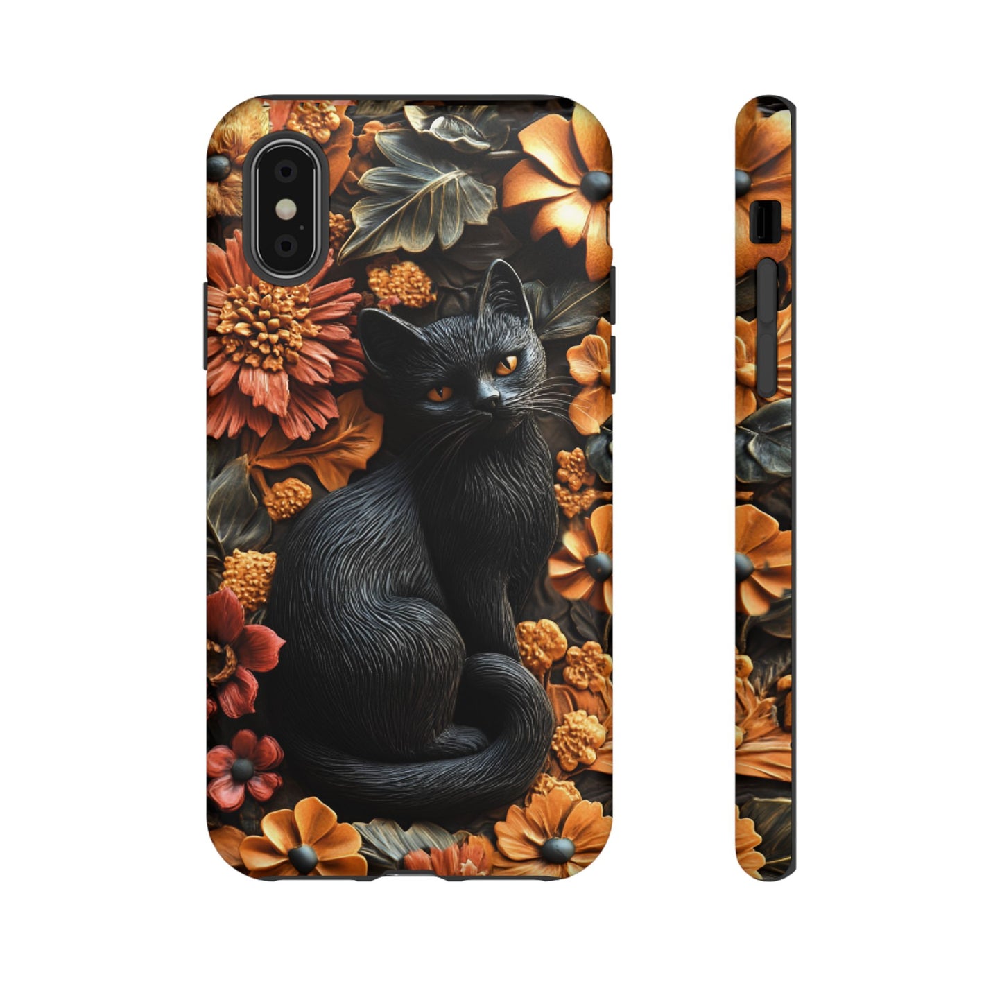 Black Cat Floral Fall Phone Case - Carved Clay Effect Phone Cases - iPhone 16 15 14 13 12 11, Samsung Galaxy & Google Pixel Phone Covers - Boo and Bewear