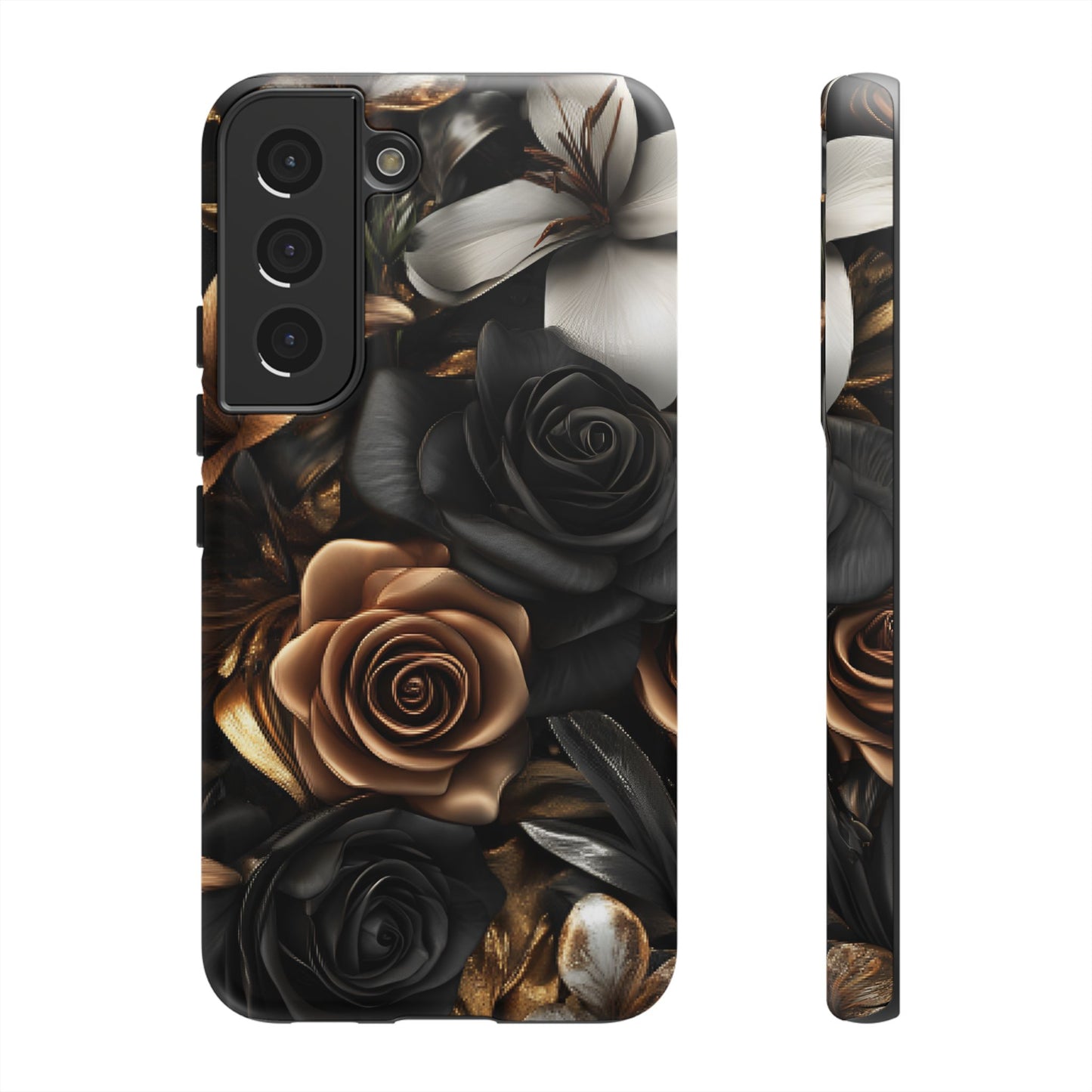 Floral Phone Case - Black and Gold Roses for iPhone 16 15 14 13 12 11, Samsung Galaxy & Google Pixel