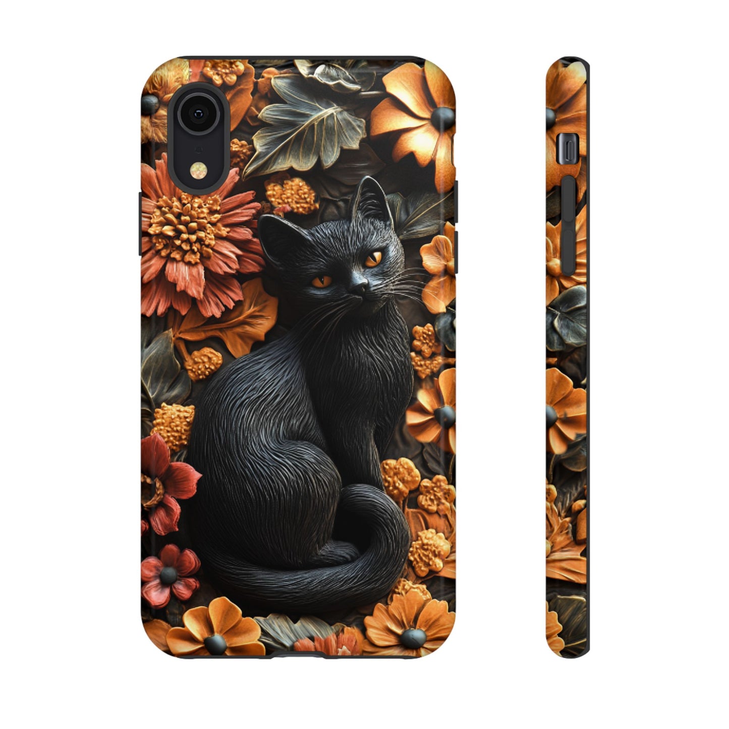 Black Cat Floral Fall Phone Case - Carved Clay Effect Phone Cases - iPhone 16 15 14 13 12 11, Samsung Galaxy & Google Pixel Phone Covers - Boo and Bewear