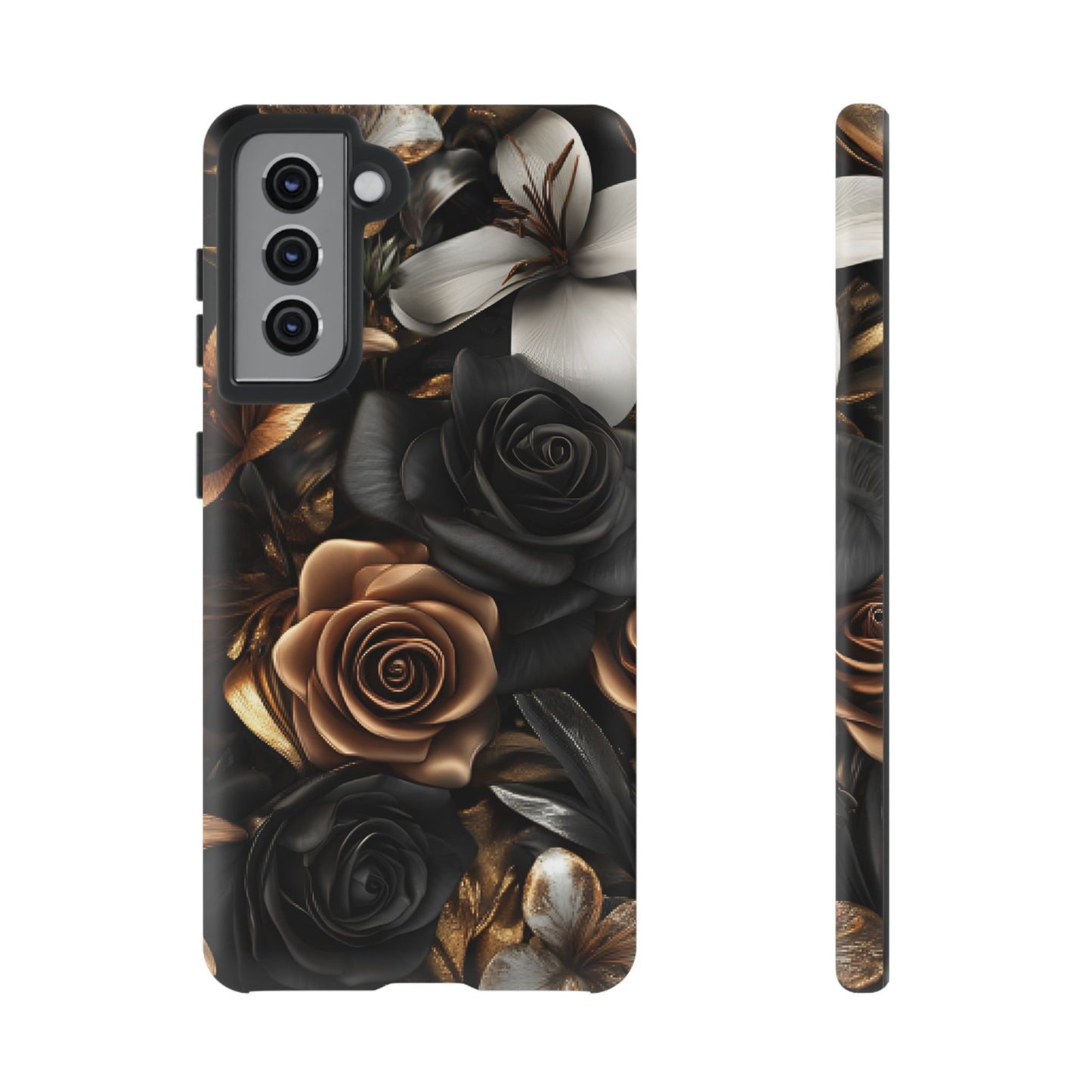 Floral Phone Case - Black and Gold Roses - iPhone 16 15 14 13 12 11, Samsung Galaxy & Google Pixel Phone Covers