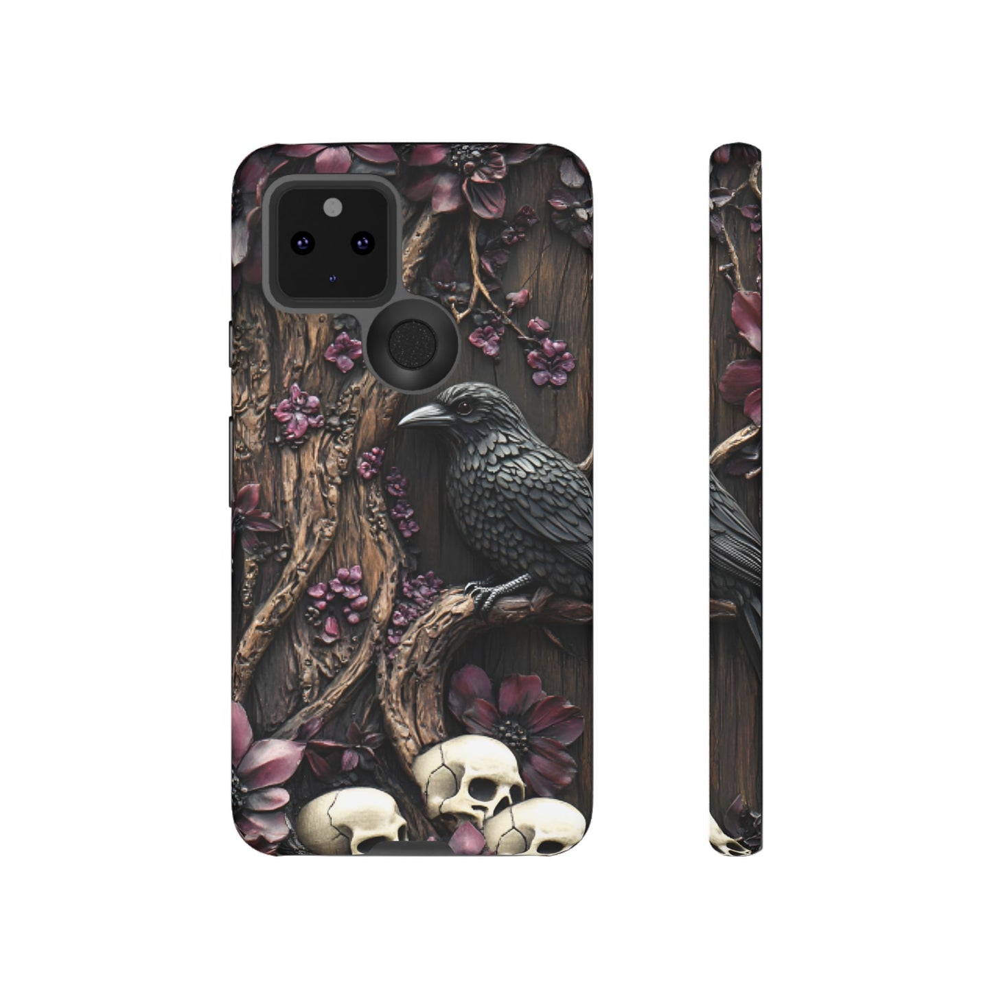 Raven and Skulls Phone Case - Gothic Faux Wood Phone Cases - iPhone 16 15 14 13 12 11, Samsung Galaxy & Google Pixel Phone Covers