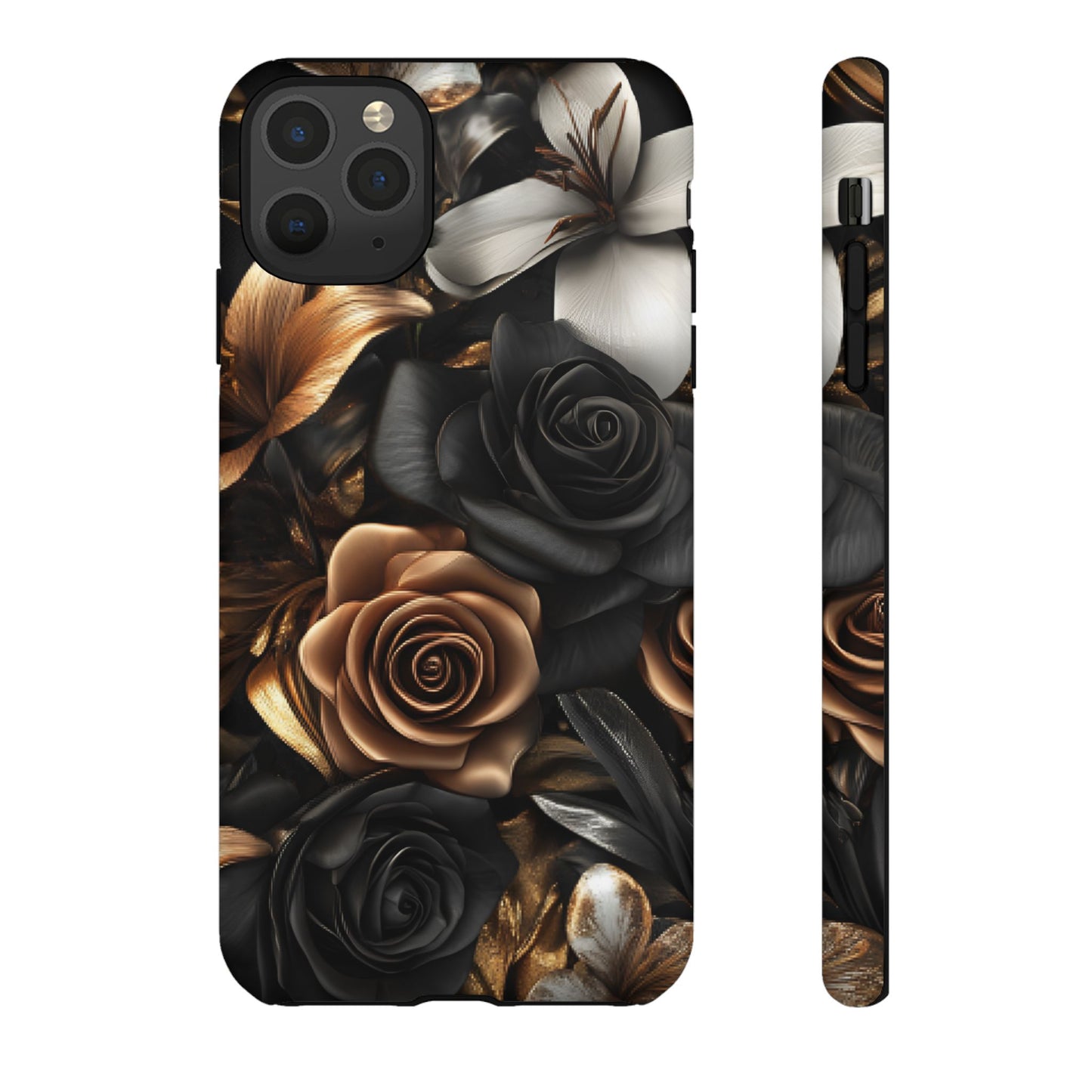 Floral Phone Case - Black and Gold Roses - iPhone 16 15 14 13 12 11, Samsung Galaxy & Google Pixel Phone Covers