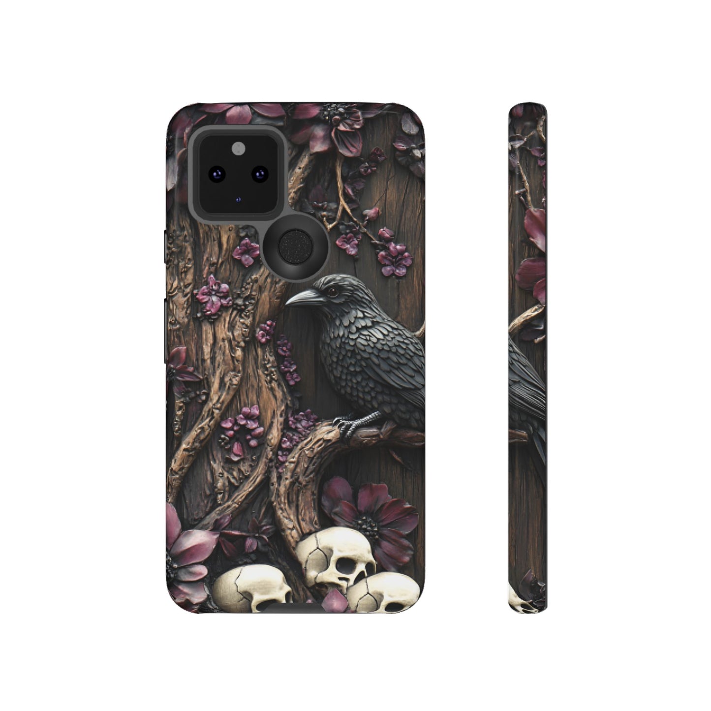 Raven and Skulls Phone Case - Gothic Faux Wood Phone Cases - iPhone 16 15 14 13 12 11, Samsung Galaxy & Google Pixel Phone Covers