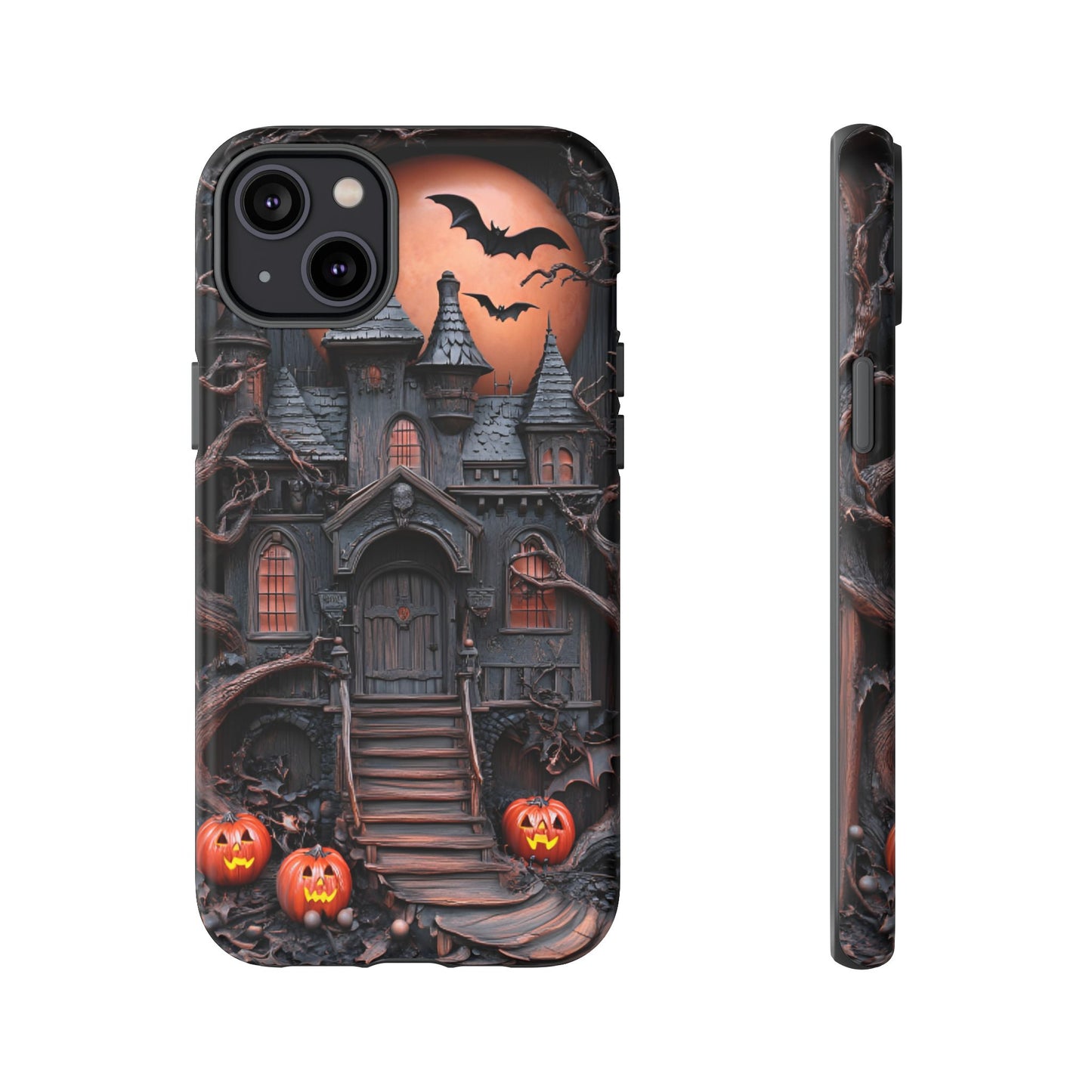 Carved Wood Haunted House Phone Case - Faux Wood Spooky Halloween Phone Cases - iPhone 16 15 14 13 12 11, Samsung Galaxy & Google Pixel Phone Covers