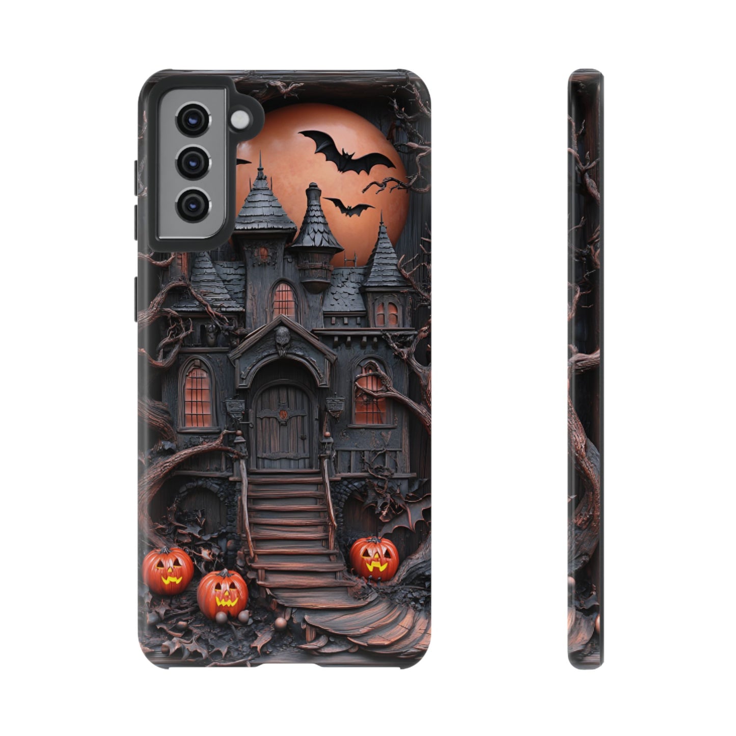 Carved Wood Haunted House Phone Case - Faux Wood Spooky Halloween Phone Cases for iPhone 16 15 14 13 12 11, Samsung Galaxy & Google Pixel