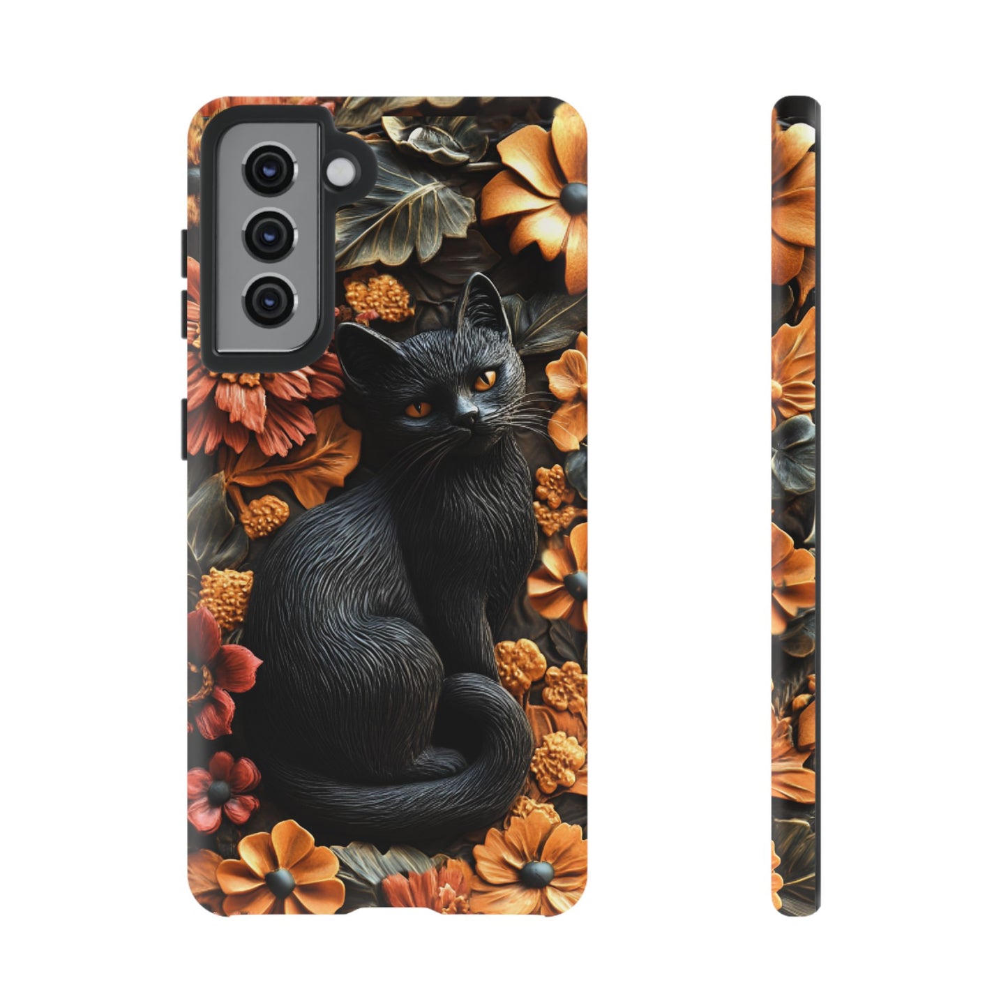 Black Cat Floral Fall Phone Case - Carved Clay Effect Cat Lover Phone Cases for iPhone 16 15 14 13 12 11, Samsung Galaxy & Google Pixel