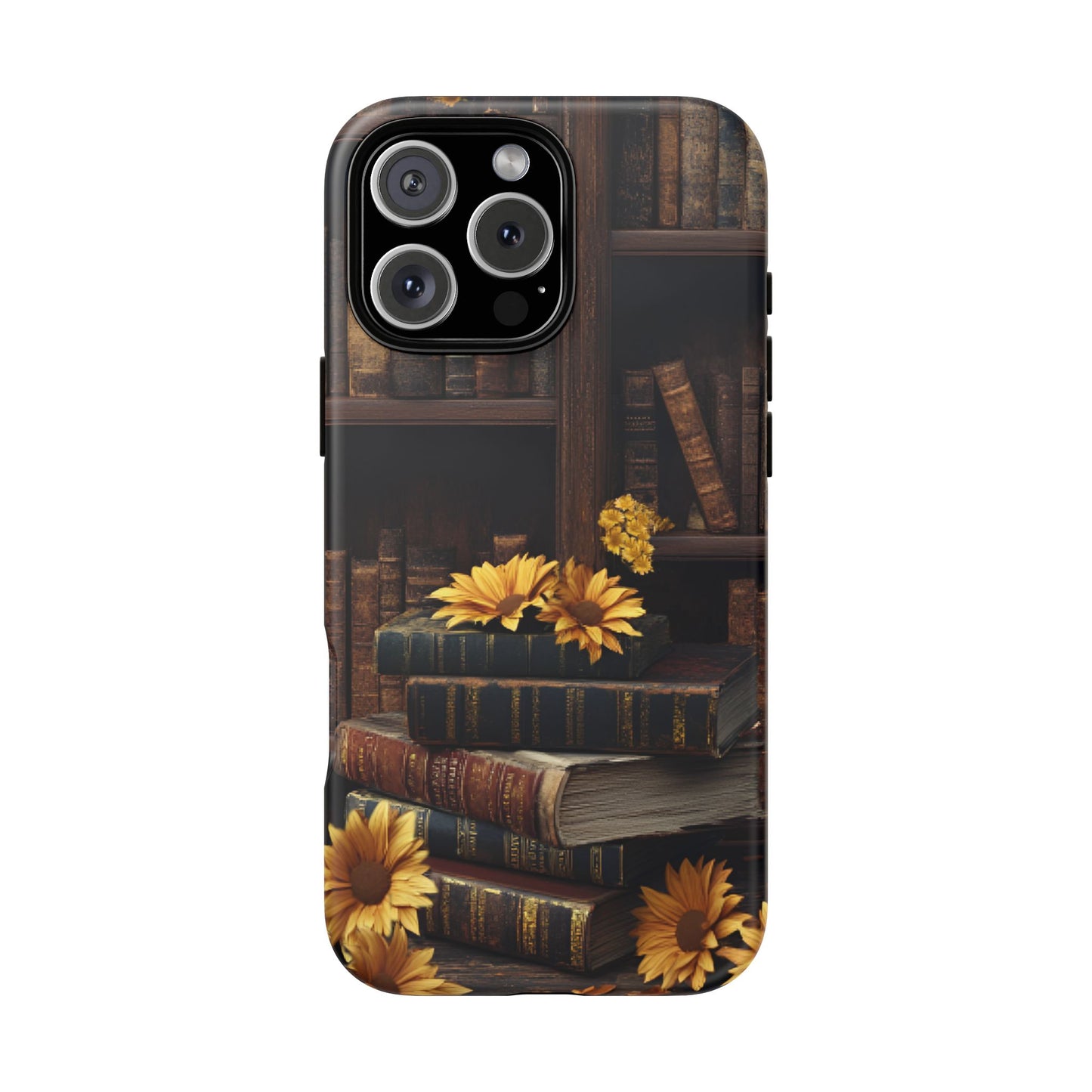 Vintage Books and Sunflowers Phone Case - Dark Academia Library Phone Cases for iPhone 16 15 14 13 12 11, Samsung Galaxy & Google Pixel