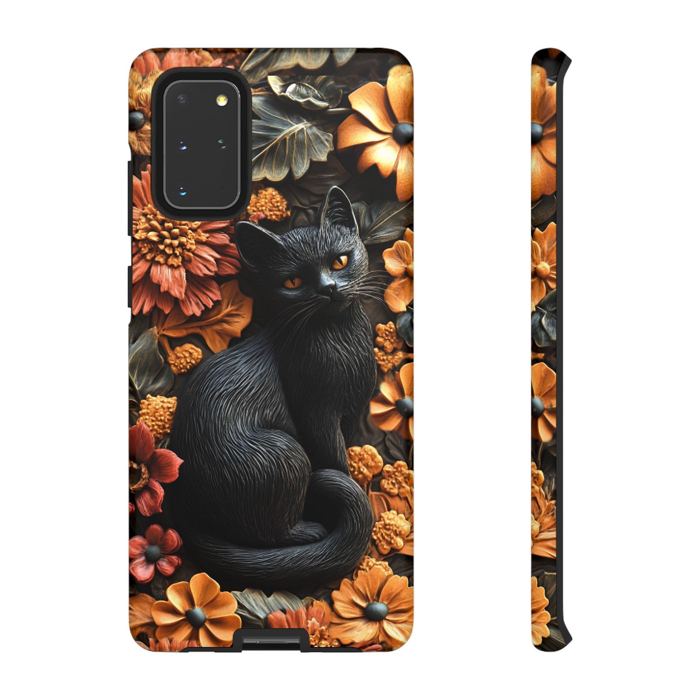 Black Cat Floral Fall Phone Case - Carved Clay Effect Cat Lover Phone Cases - iPhone 16 15 14 13 12 11, Samsung Galaxy & Google Pixel Phone Covers