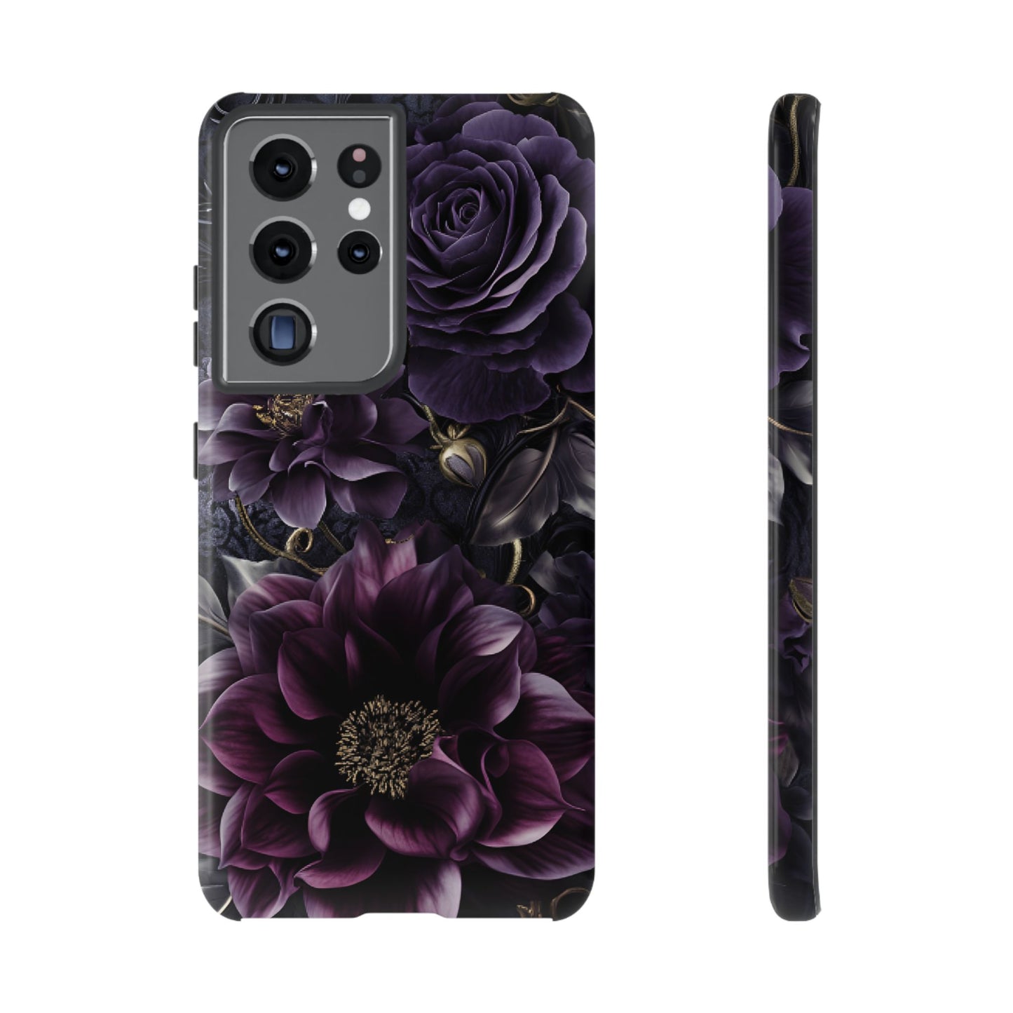 Gothic Dark Floral Phone Case - Aesthetic Purple and Gold Flowers - iPhone 16 15 14 13 12 11, Samsung Galaxy & Google Pixel Phone Covers