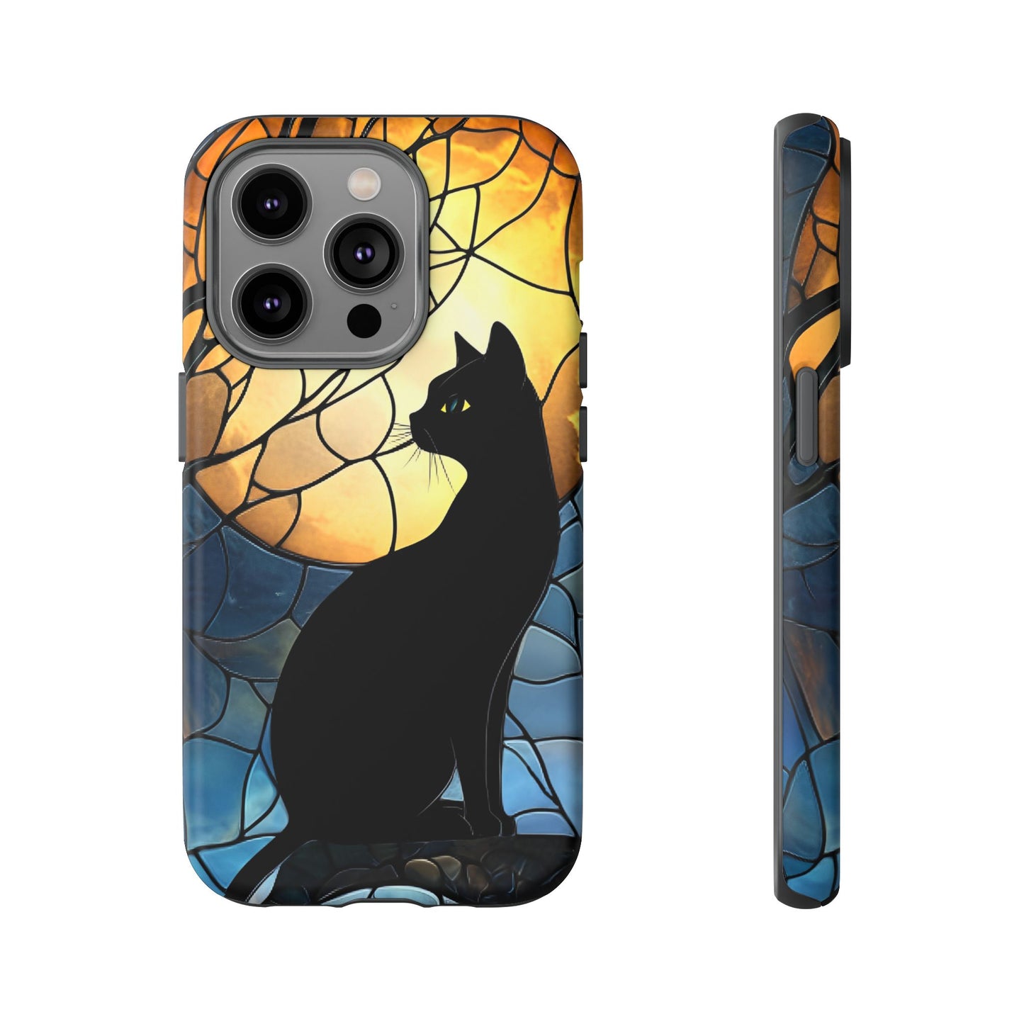 Black Cat and Moon Stained Glass Phone Case - Celestial Cat Lover Phone Cases - iPhone 16 15 14 13 12 11, Samsung Galaxy & Google Pixel Phone Covers