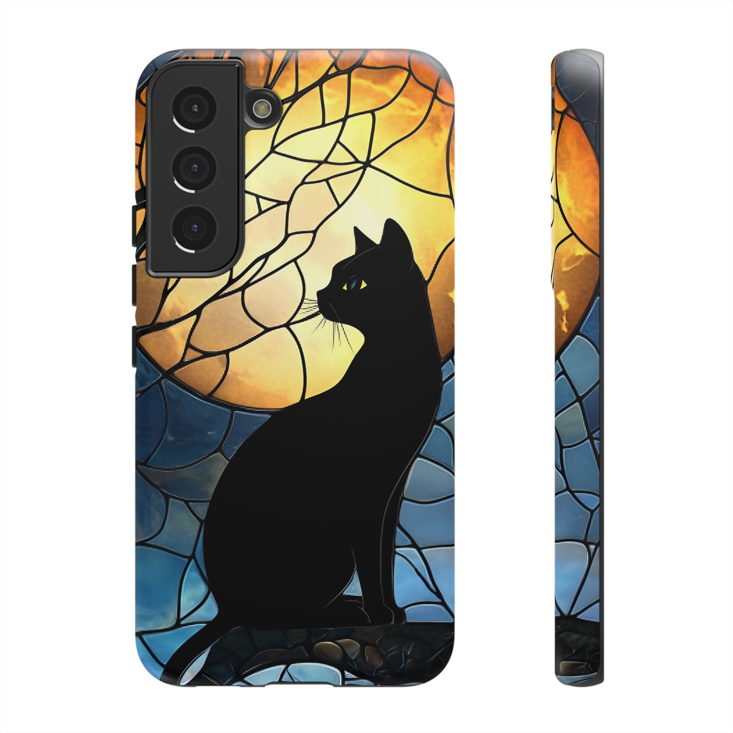 Black Cat and Moon Stained Glass Phone Case - Celestial Cat Lover Phone Cases for iPhone 16 15 14 13 12 11, Samsung Galaxy & Google Pixel