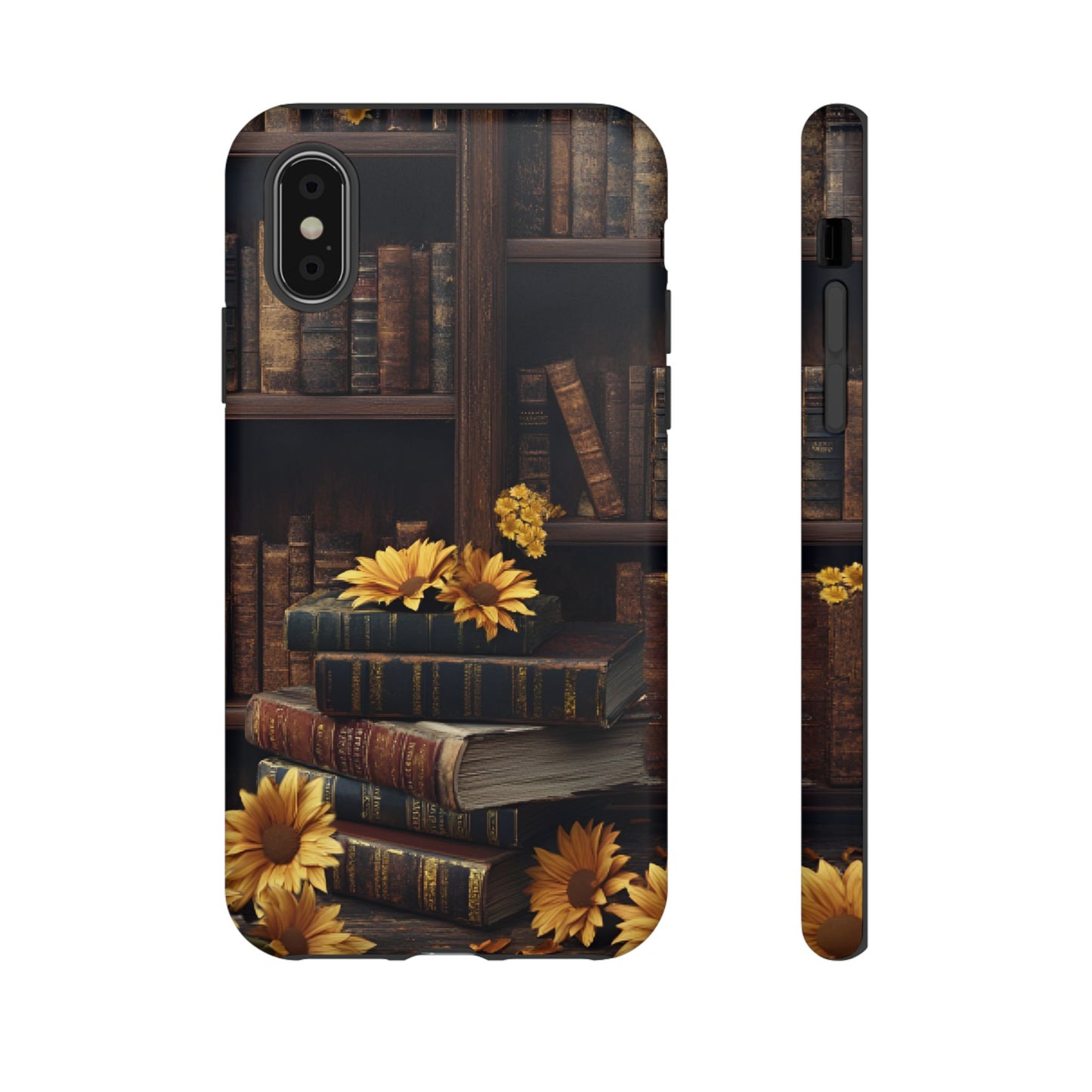 Vintage Books and Sunflowers Phone Case - Dark Academia Library Phone Cases - iPhone 16 15 14 13 12 11, Samsung Galaxy & Google Pixel Phone Covers - Boo and Bewear