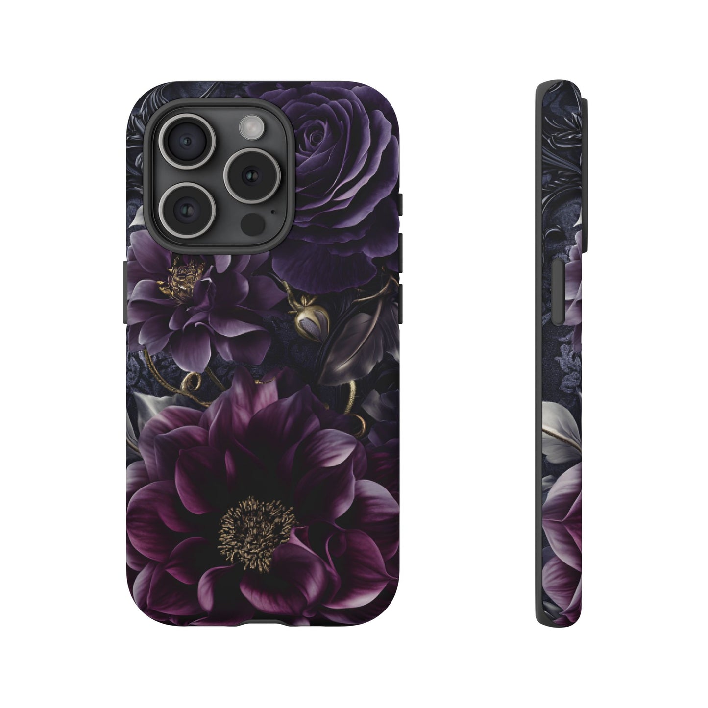 Gothic Dark Floral Phone Case - Aesthetic Purple and Gold Flowers - iPhone 16 15 14 13 12 11, Samsung Galaxy & Google Pixel Phone Covers