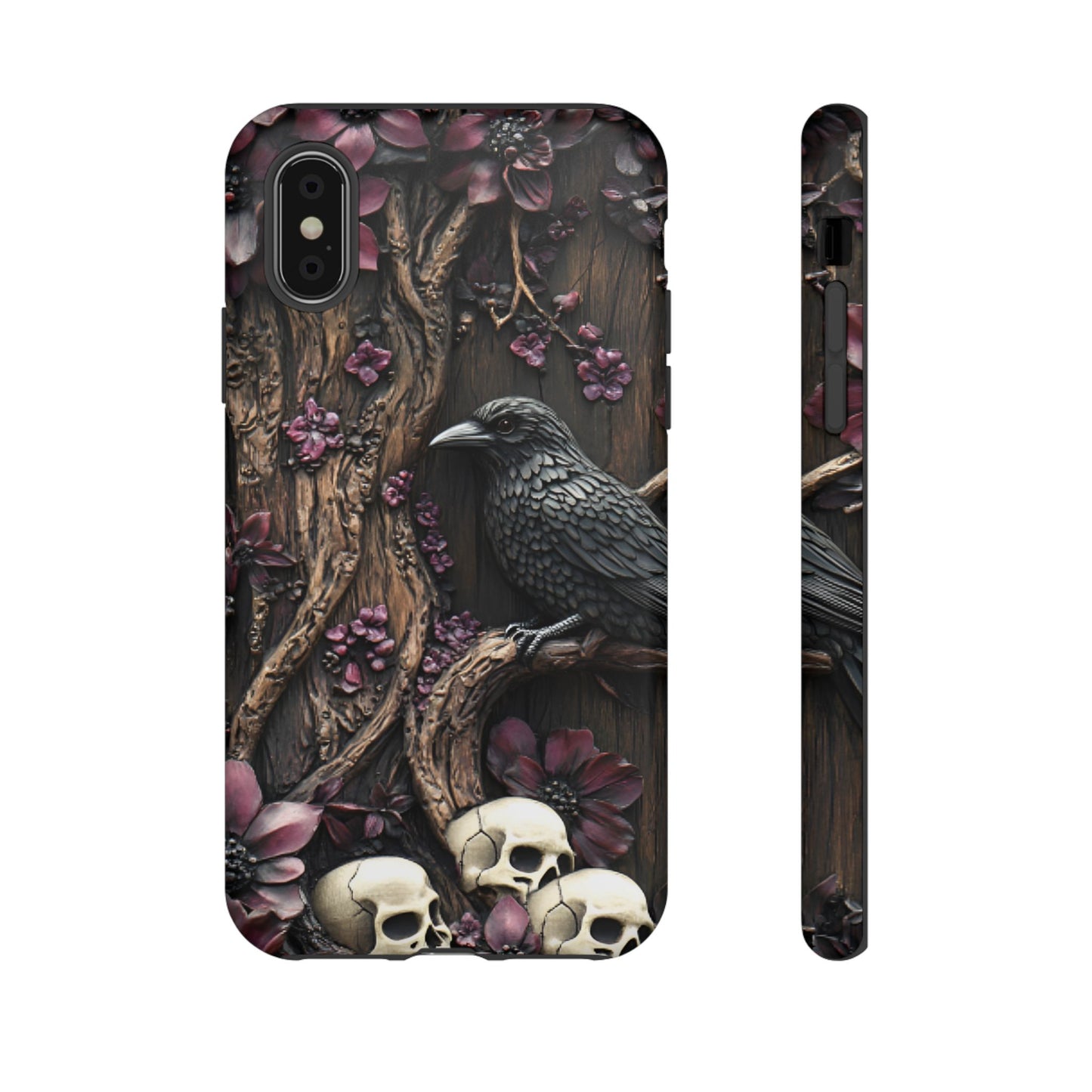 Raven and Skulls Phone Case - Gothic Faux Wood Phone Cases - iPhone 16 15 14 13 12 11, Samsung Galaxy & Google Pixel Phone Covers - Boo and Bewear