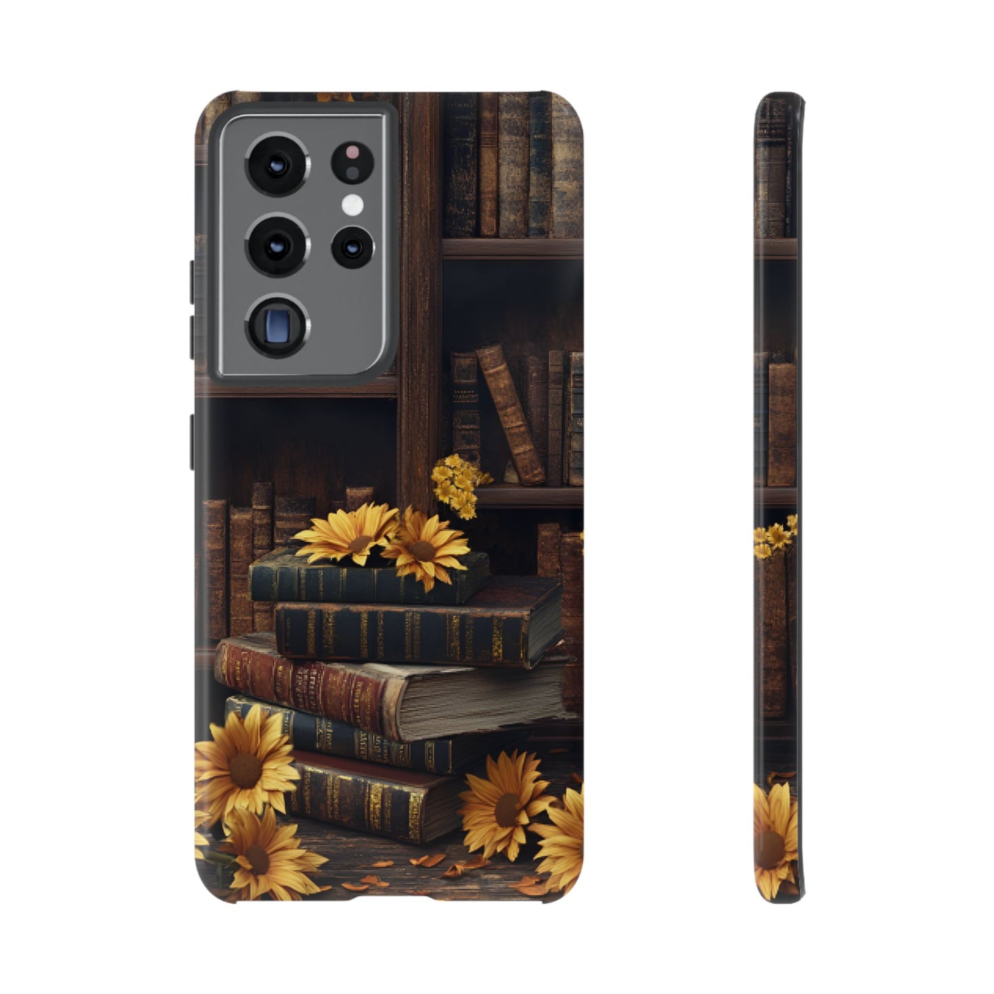 Vintage Books and Sunflowers Phone Case - Dark Academia Library Phone Cases for iPhone 16 15 14 13 12 11, Samsung Galaxy & Google Pixel