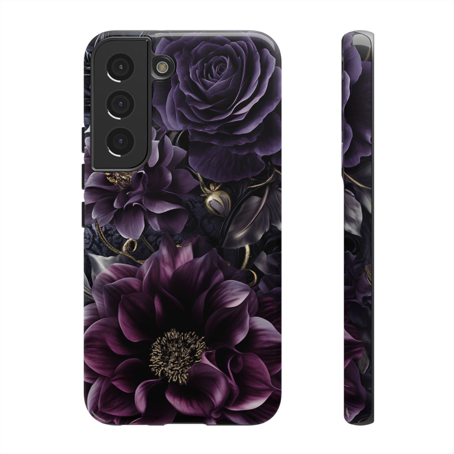 Gothic Dark Floral Phone Case - Aesthetic Purple and Gold Flowers for iPhone 16 15 14 13 12 11, Samsung Galaxy & Google Pixel