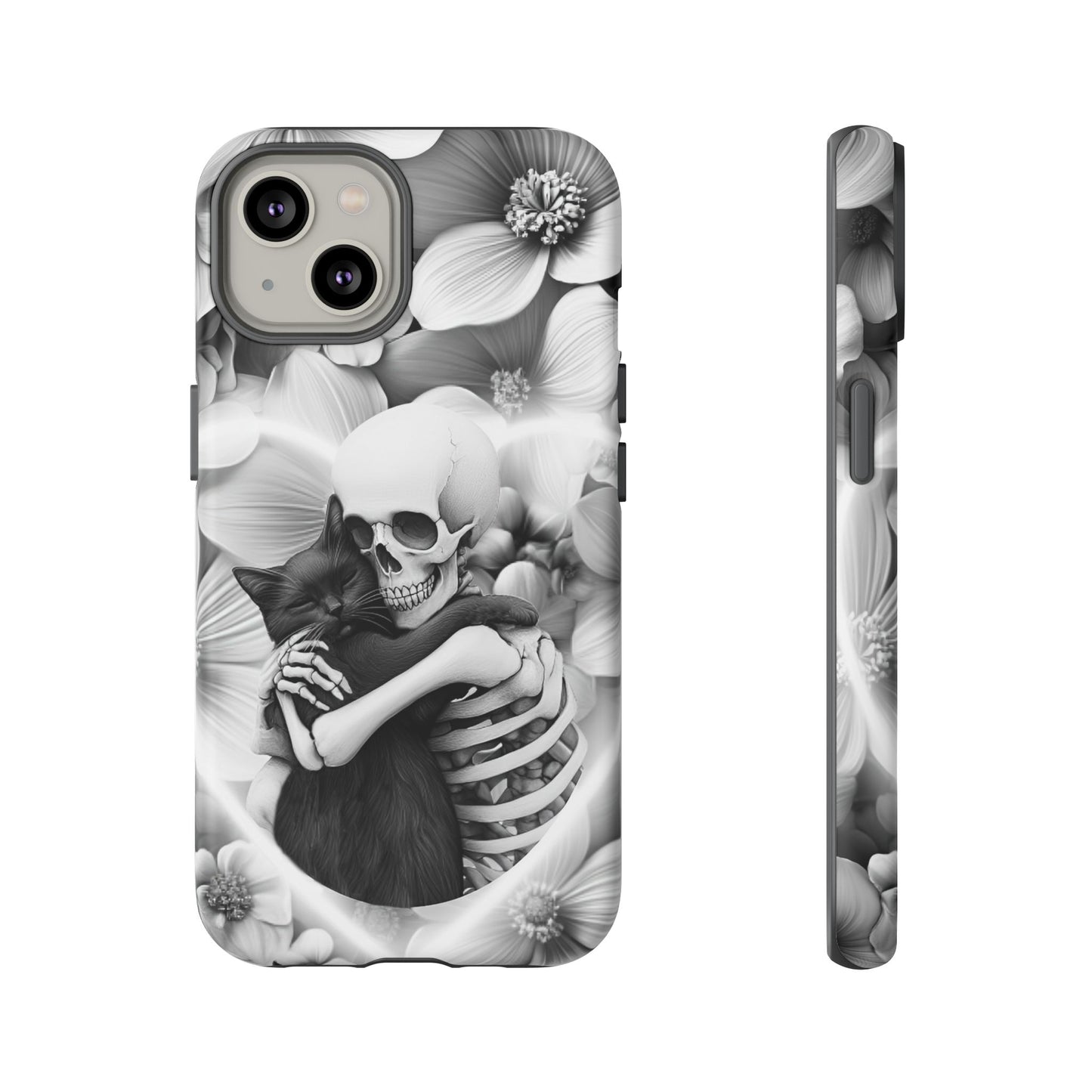 Skeleton & Black Cat Phone Case - Aesthetic Cat Lover Phone Cases for iPhone 16 15 14 13 12 11, Samsung Galaxy & Google Pixel