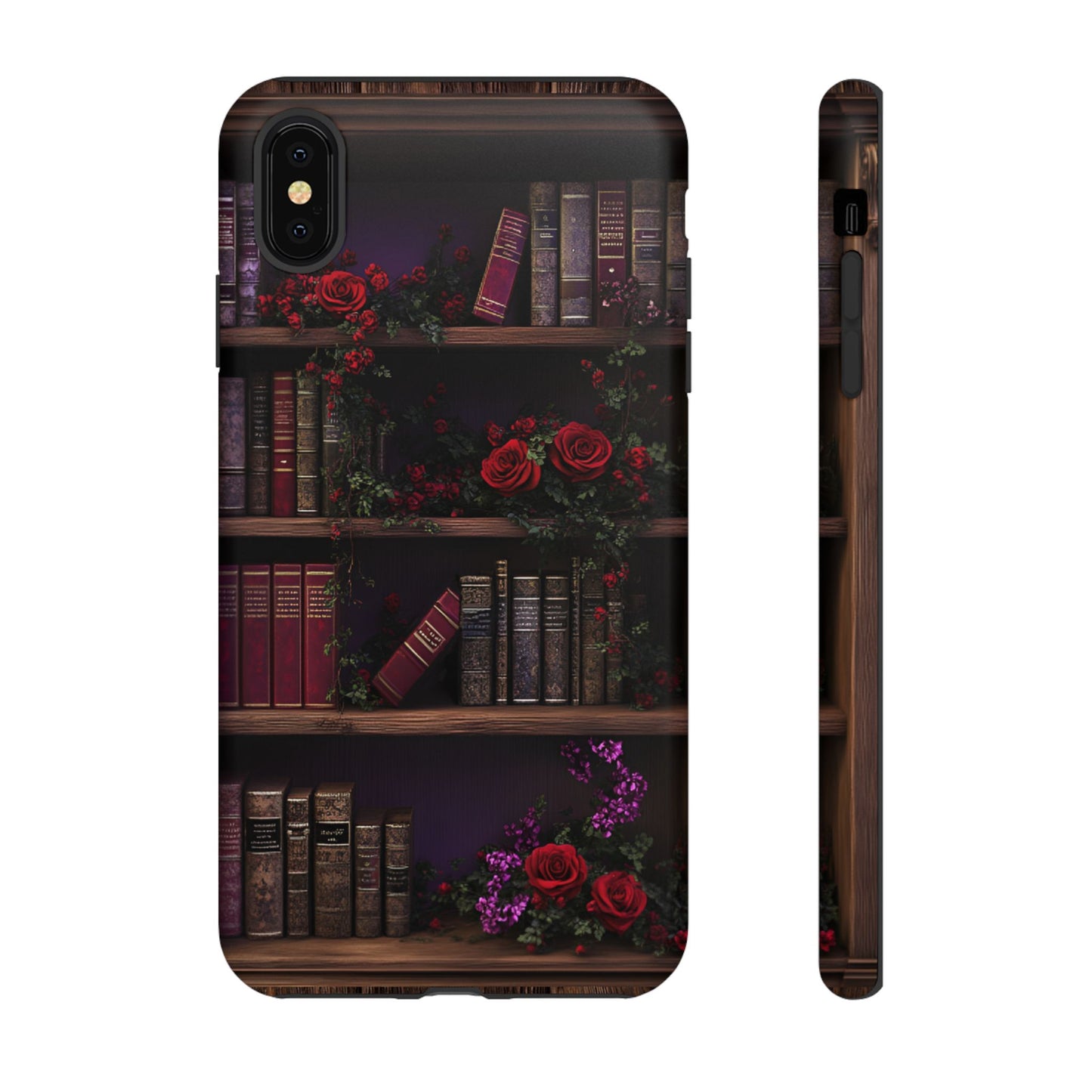 Book Lovers Phone Case - Roses and Books in Moody Vintage Bookshelf for iPhone 16 15 14 13 12 11, Samsung Galaxy & Google Pixel