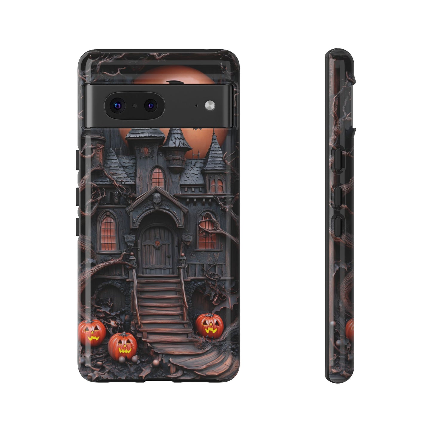 Carved Wood Haunted House Phone Case - Faux Wood Spooky Halloween Phone Cases - iPhone 16 15 14 13 12 11, Samsung Galaxy & Google Pixel Phone Covers