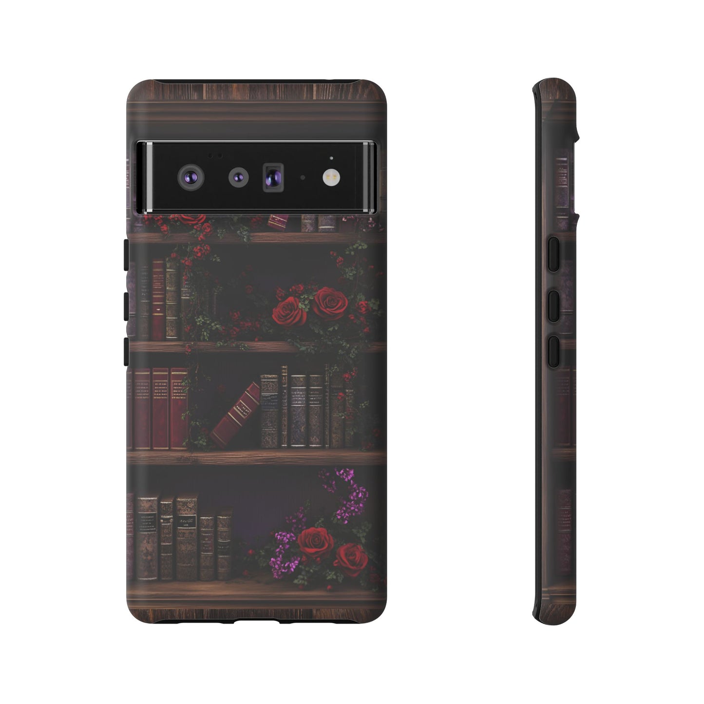 Book Lovers Phone Case - Roses and Books in Moody Vintage Bookshelf - iPhone 16 15 14 13 12 11, Samsung Galaxy & Google Pixel Phone Covers