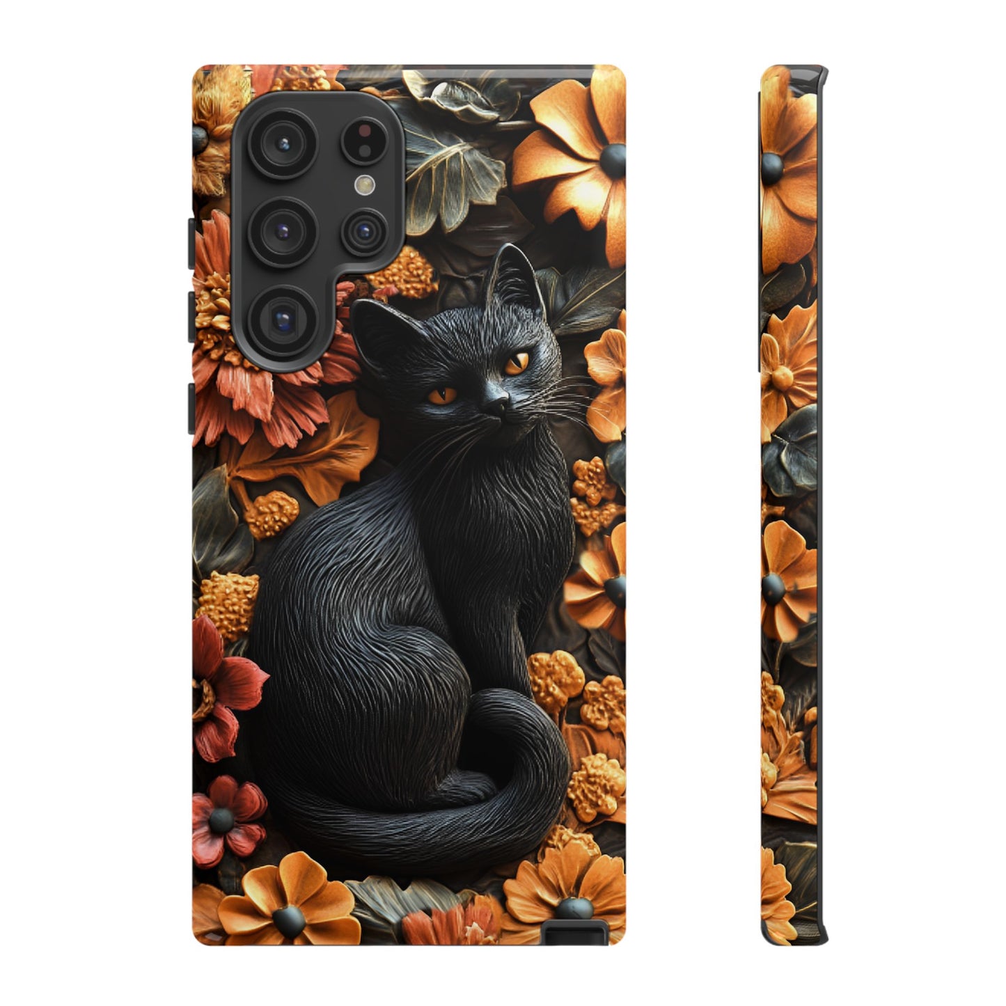 Black Cat Floral Fall Phone Case - Carved Clay Effect Cat Lover Phone Cases for iPhone 16 15 14 13 12 11, Samsung Galaxy & Google Pixel