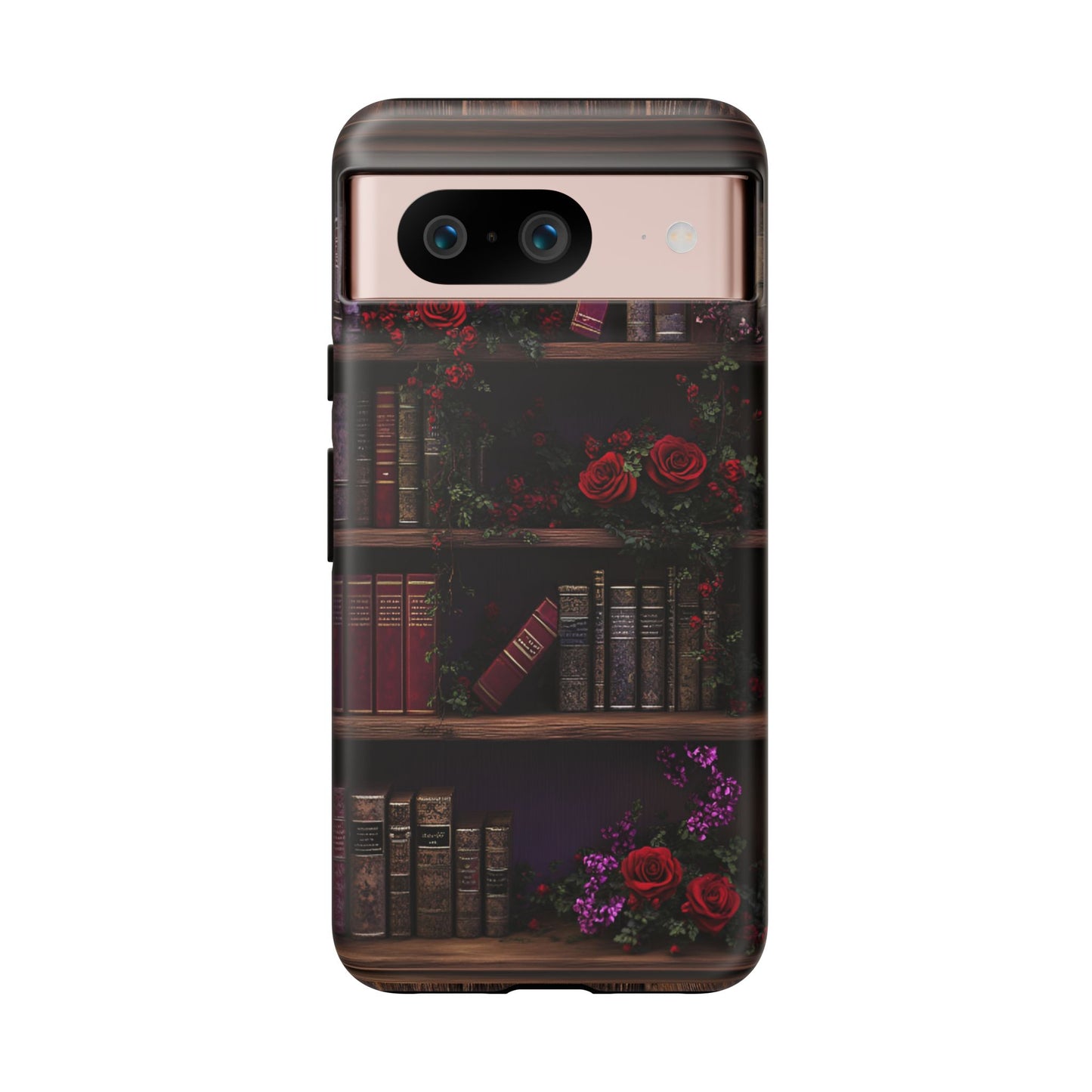 Book Lovers Phone Case - Roses and Books in Moody Vintage Bookshelf - iPhone 16 15 14 13 12 11, Samsung Galaxy & Google Pixel Phone Covers