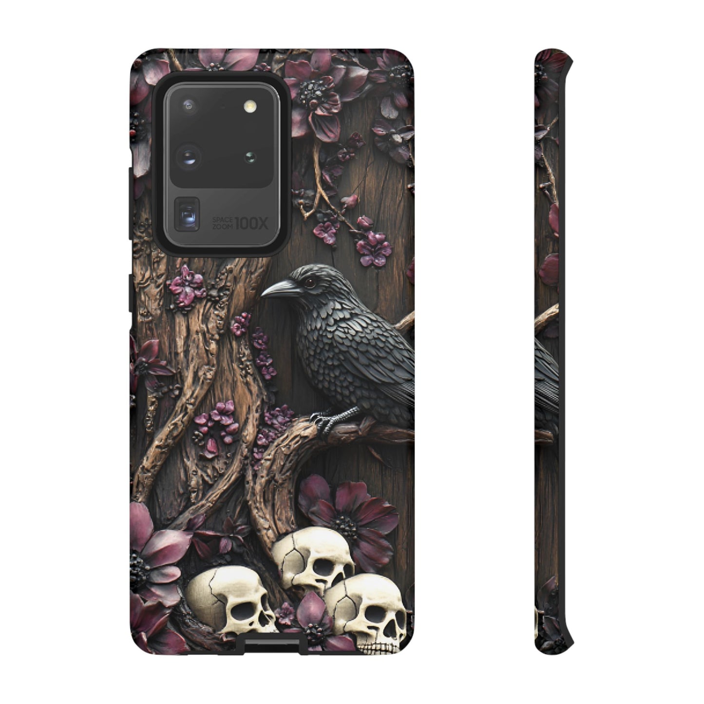 Raven and Skulls Phone Case - Gothic Faux Wood Phone Cases - iPhone 16 15 14 13 12 11, Samsung Galaxy & Google Pixel Phone Covers