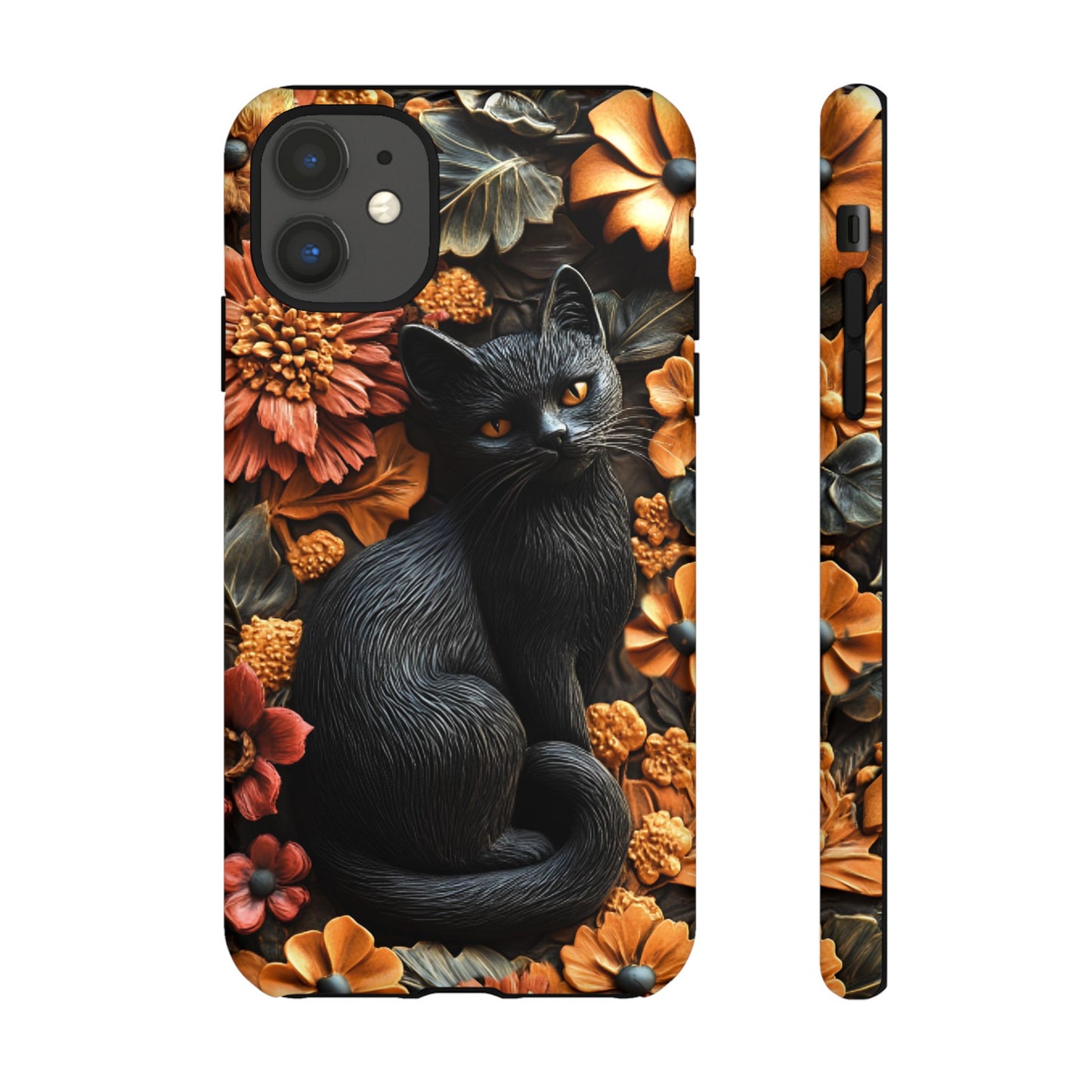 Black Cat Floral Fall Phone Case - Carved Clay Effect Cat Lover Phone Cases for iPhone 16 15 14 13 12 11, Samsung Galaxy & Google Pixel