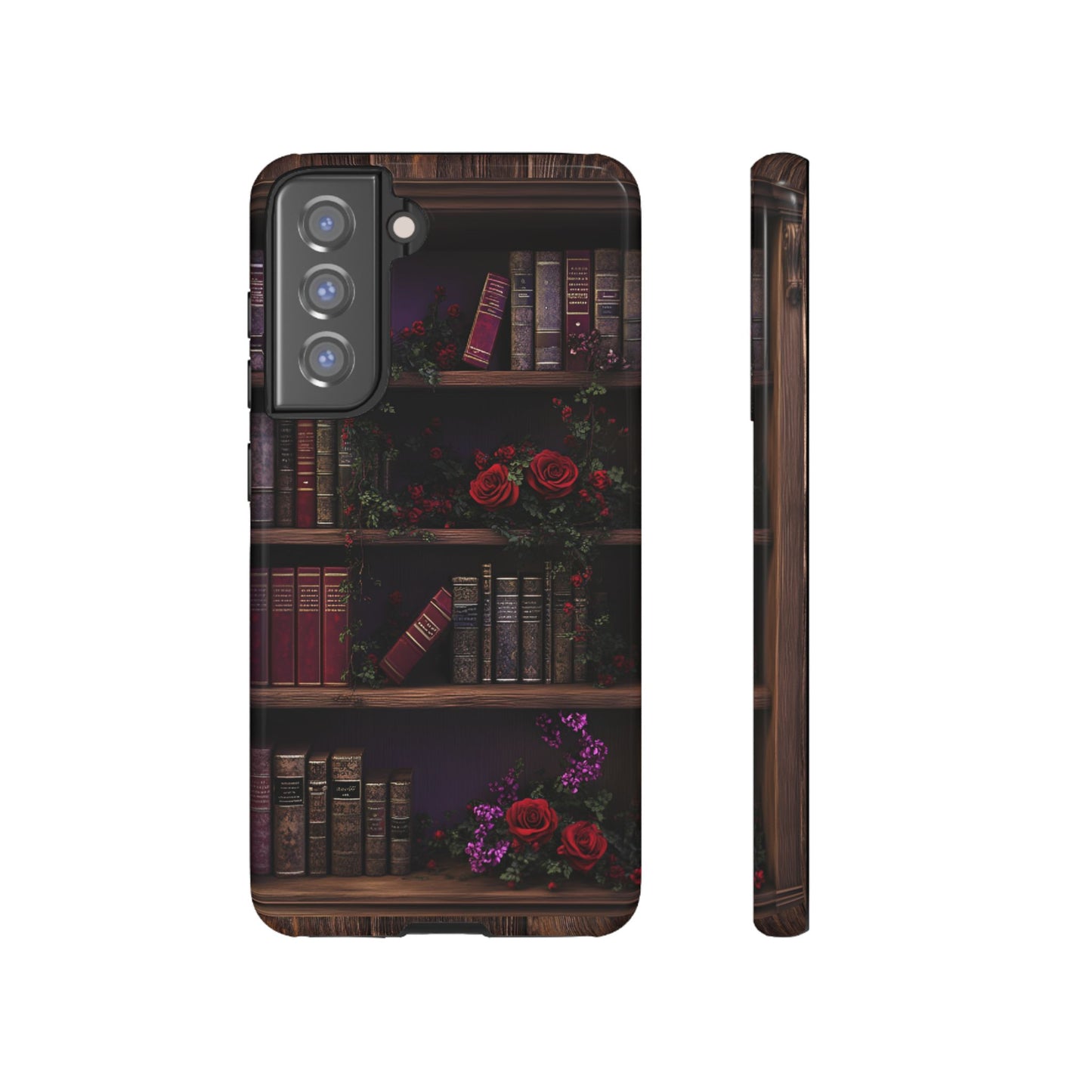 Book Lovers Phone Case - Roses and Books in Moody Vintage Bookshelf for iPhone 16 15 14 13 12 11, Samsung Galaxy & Google Pixel