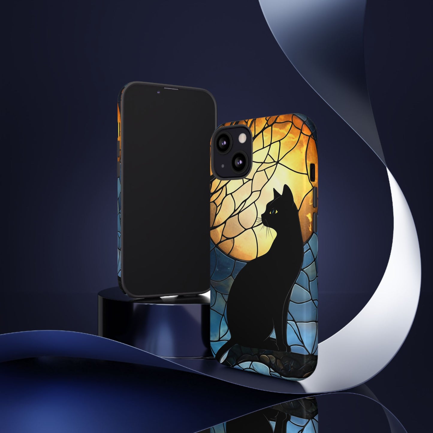 Black Cat and Moon Stained Glass Phone Case - Celestial Cat Lover Phone Cases for iPhone 16 15 14 13 12 11, Samsung Galaxy & Google Pixel