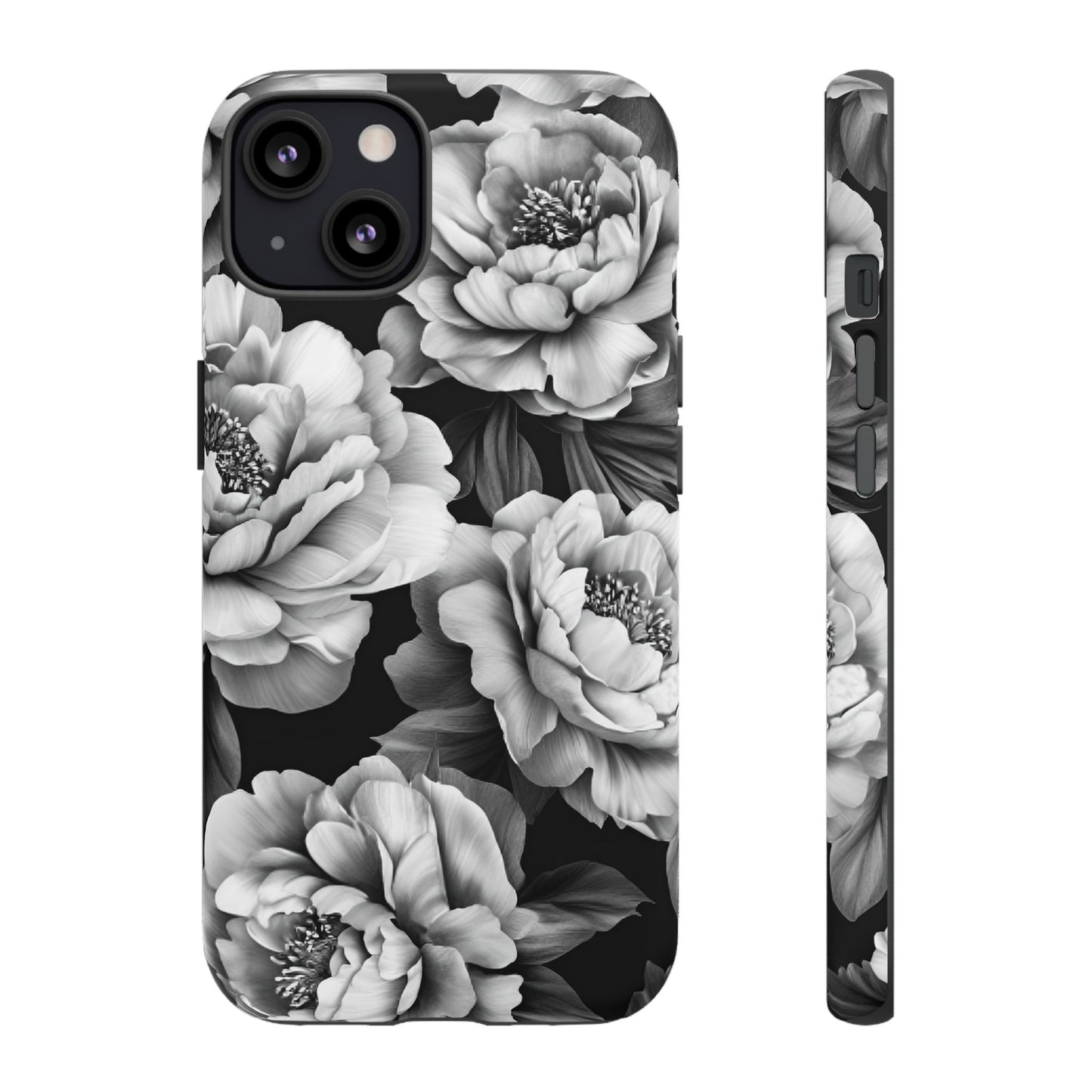 Black and White Peony Flower Phone Case - Aesthetic Dark Floral Phone Cases for iPhone 16 15 14 13 12 11, Samsung Galaxy & Google Pixel