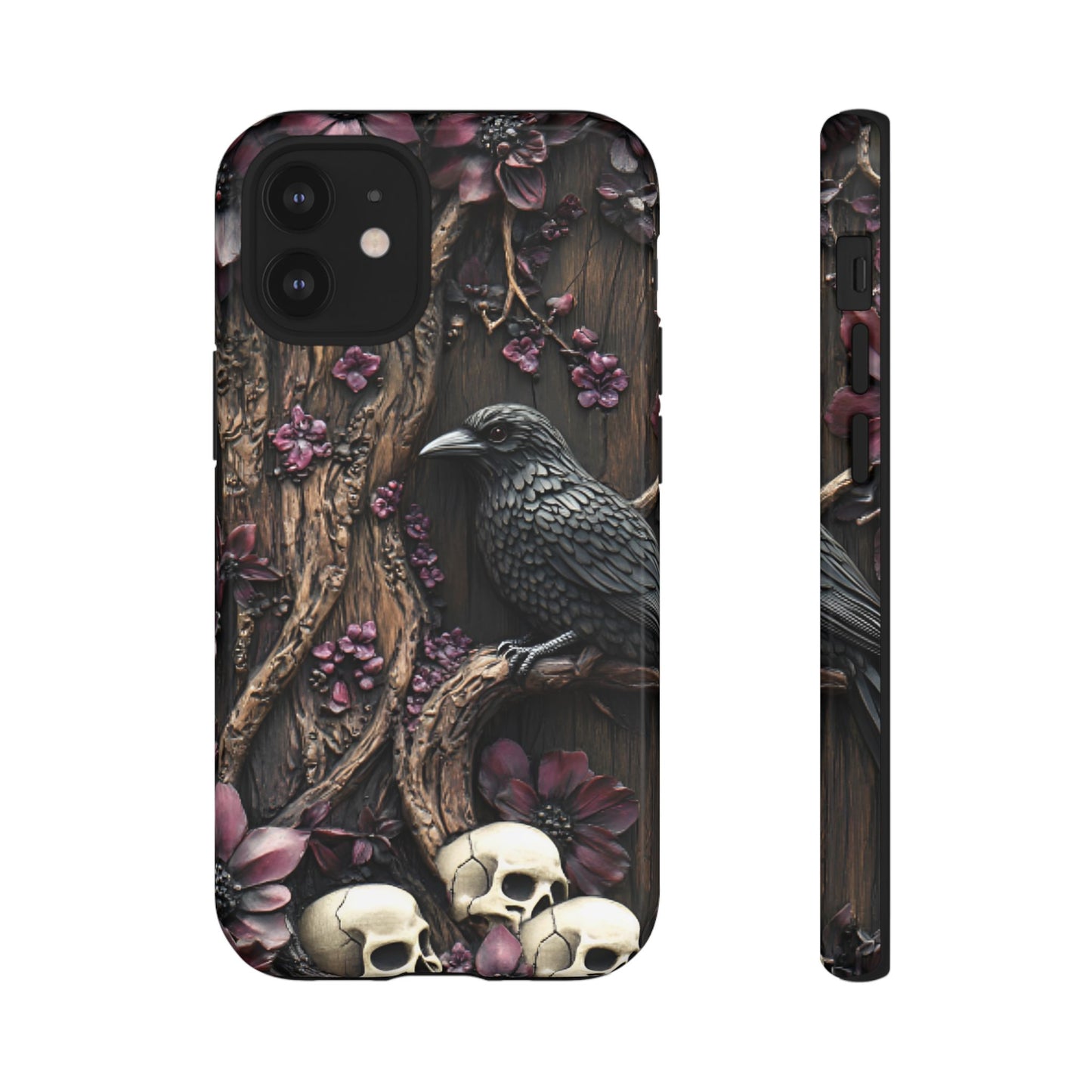 Raven and Skulls Phone Case - Gothic Faux Wood Phone Cases - iPhone 16 15 14 13 12 11, Samsung Galaxy & Google Pixel Phone Covers