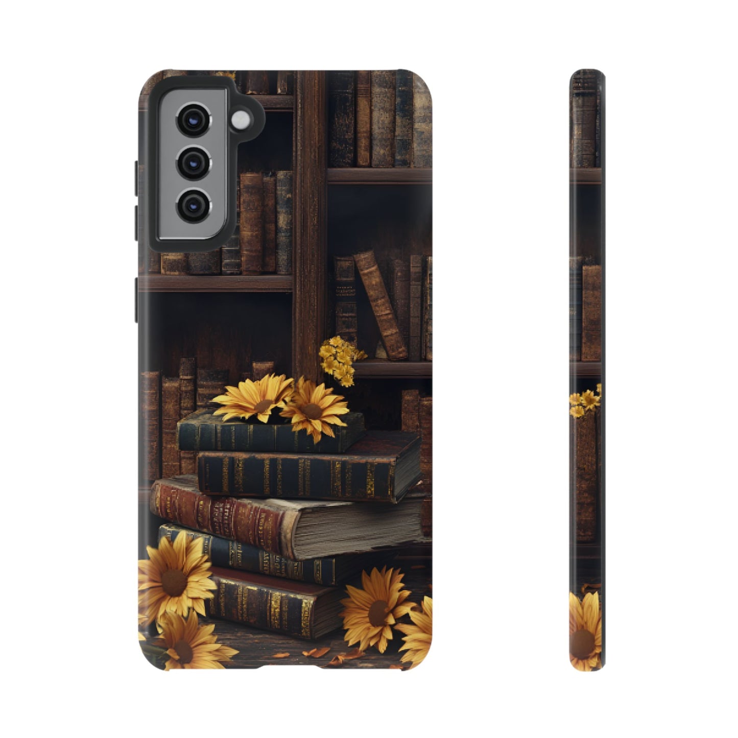 Vintage Books and Sunflowers Phone Case - Dark Academia Library Phone Cases for iPhone 16 15 14 13 12 11, Samsung Galaxy & Google Pixel