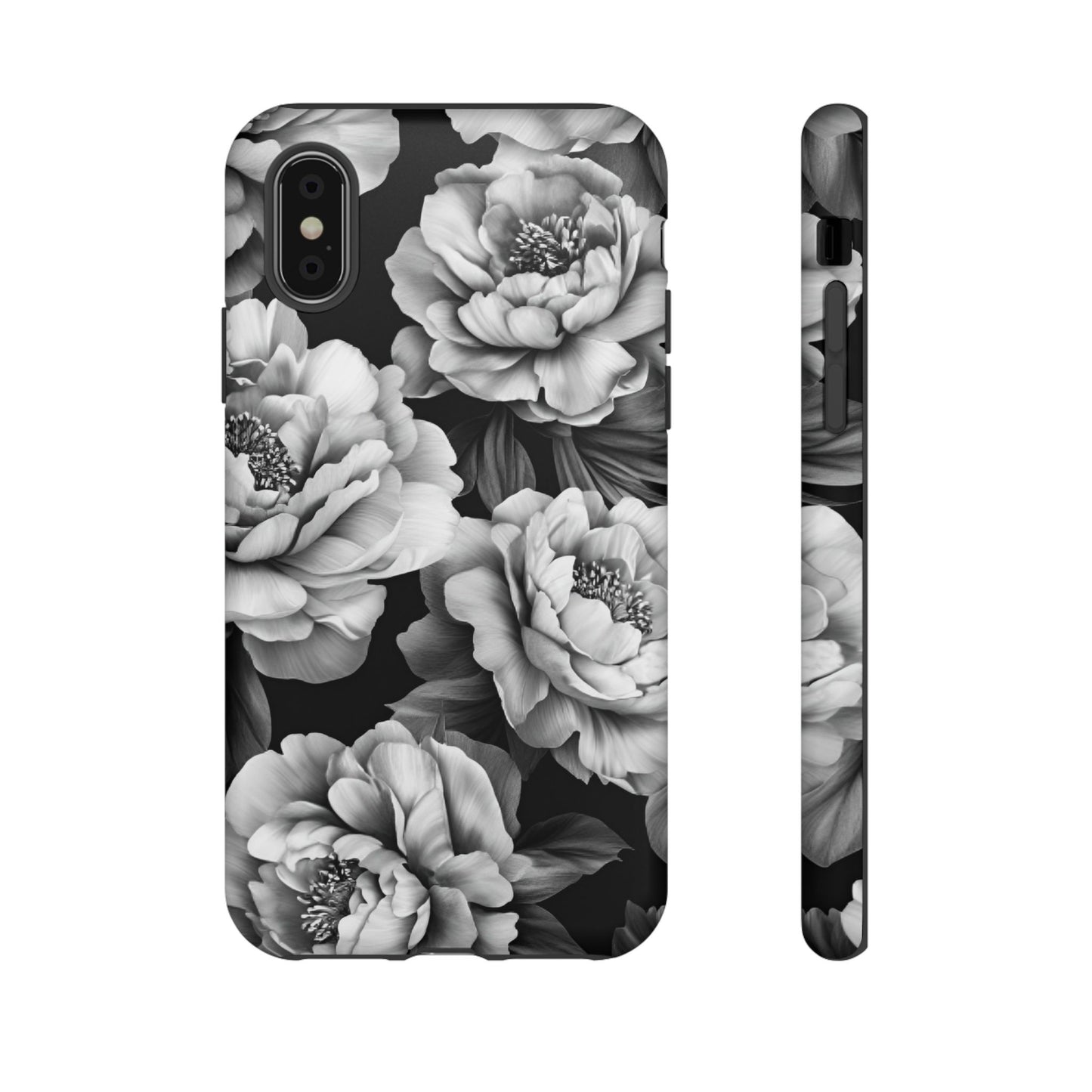 Black and White Peony Flower Phone Case - Aesthetic Dark Floral Phone Cases for iPhone 16 15 14 13 12 11, Samsung Galaxy & Google Pixel